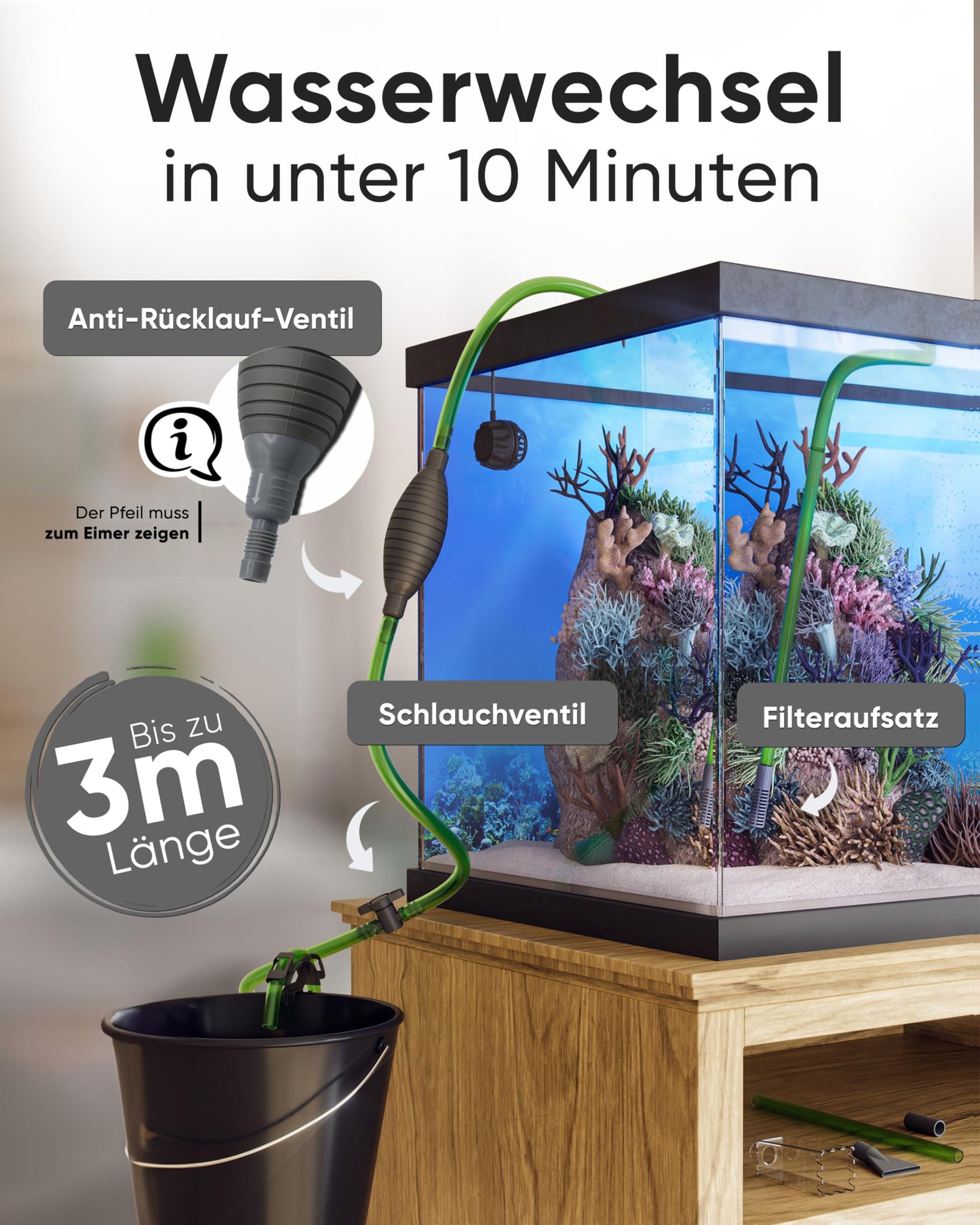 WASSERHELD - Mulmsauger Aquarium mit 3 Aufsätzen - Aquarium Wasserwechsel [3M Schlauch] - Aquarium Reinigungsset & Aquarium Sauger für Kies und Sand mit Schlauchventil - Aquarium Zubehör inkl. Buch