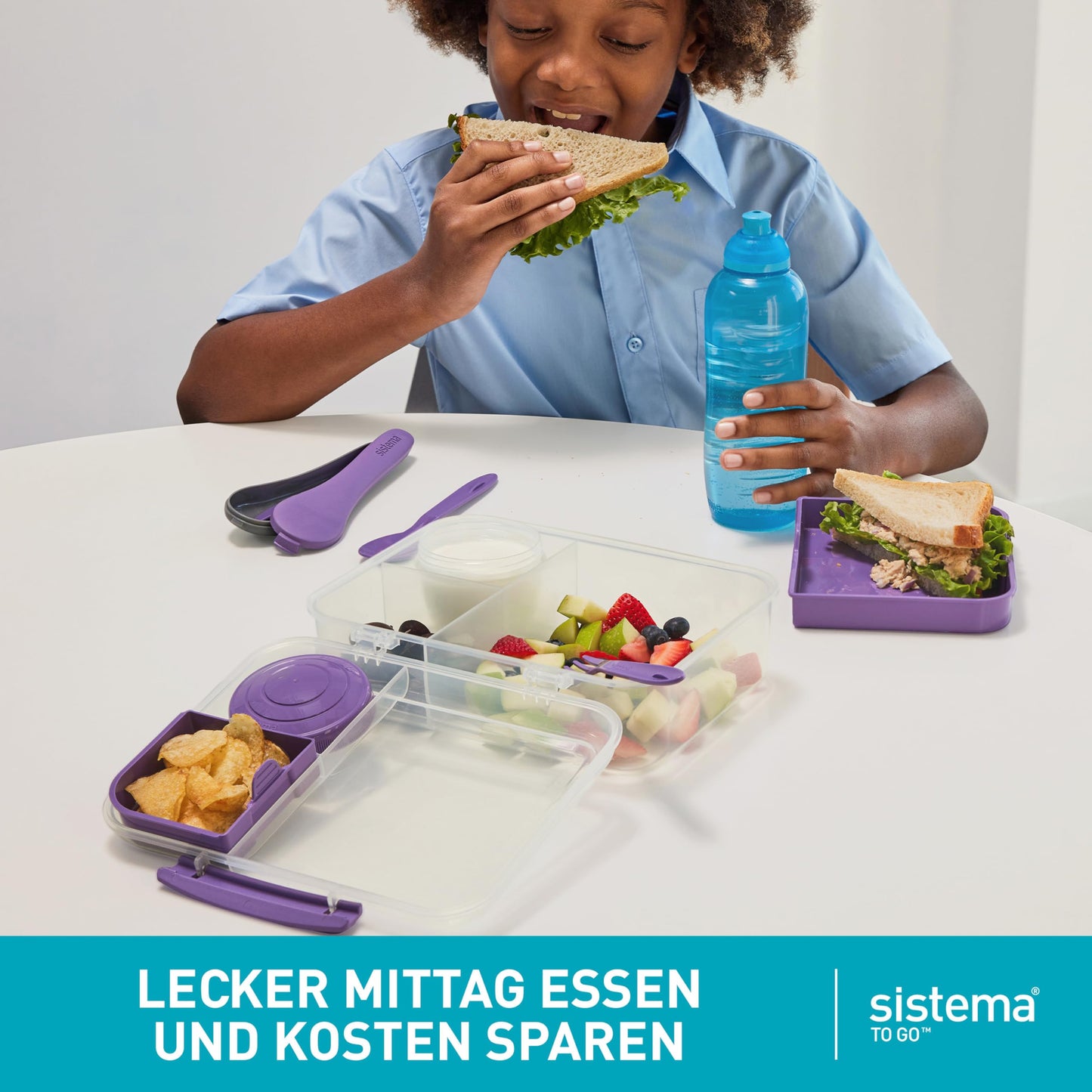 Sistema Bento-Box | 1,25 L | Brotdose für Pause mit Fächern und Snackbox | BPA-frei | hergestellt aus Ocean Bound Plastic | Teal Stone | 1 Stück, Mintgrün (Recycelter Kunststoff)