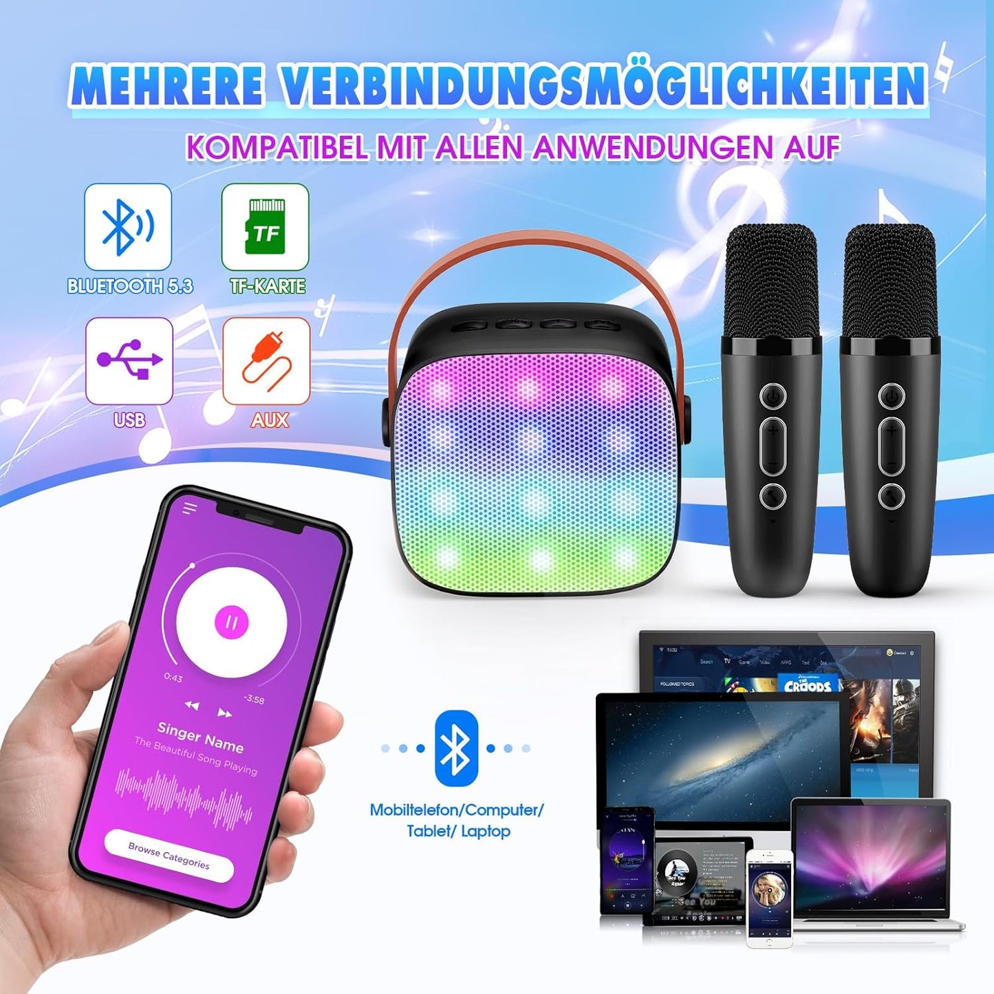 Karaoke Machine with 2 Bluetooth Microphones, Children's Unicorn Christmas Gifts Toy for Girls 3-12 Years, Portable Karaoke Microphone Set with DSP and LED Lights