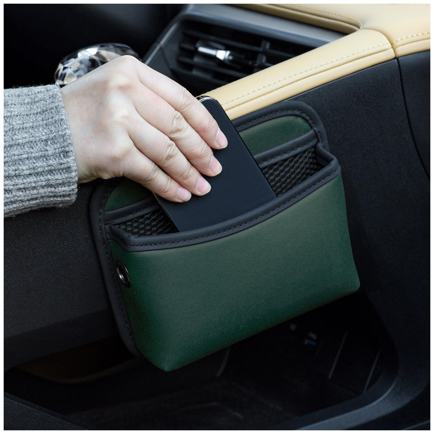 PU Leather Car Side Bag Organiser, Universal Car Bag Mobile Phone Holder for Car, Car Seat Gap Filler Storage Accessories Organiser for Car Door, Console (Black)