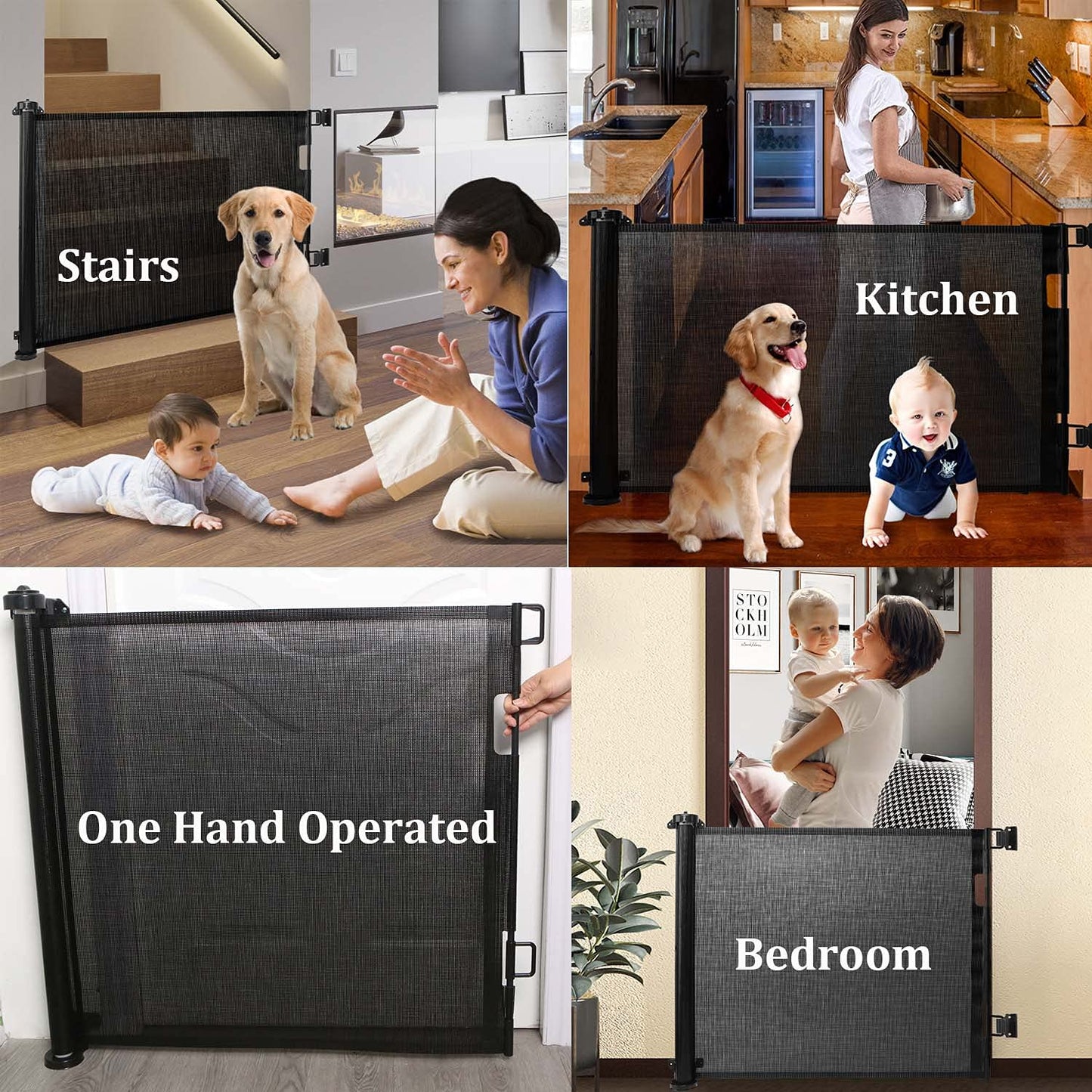 Retractable Stair Safety Gate for Babies, 0-150 cm Wide, Baby Barrier, Cat and Dog Barrier, One-Handed Operation, Suitable for Indoor & Outdoor Use (150 cm, Black)