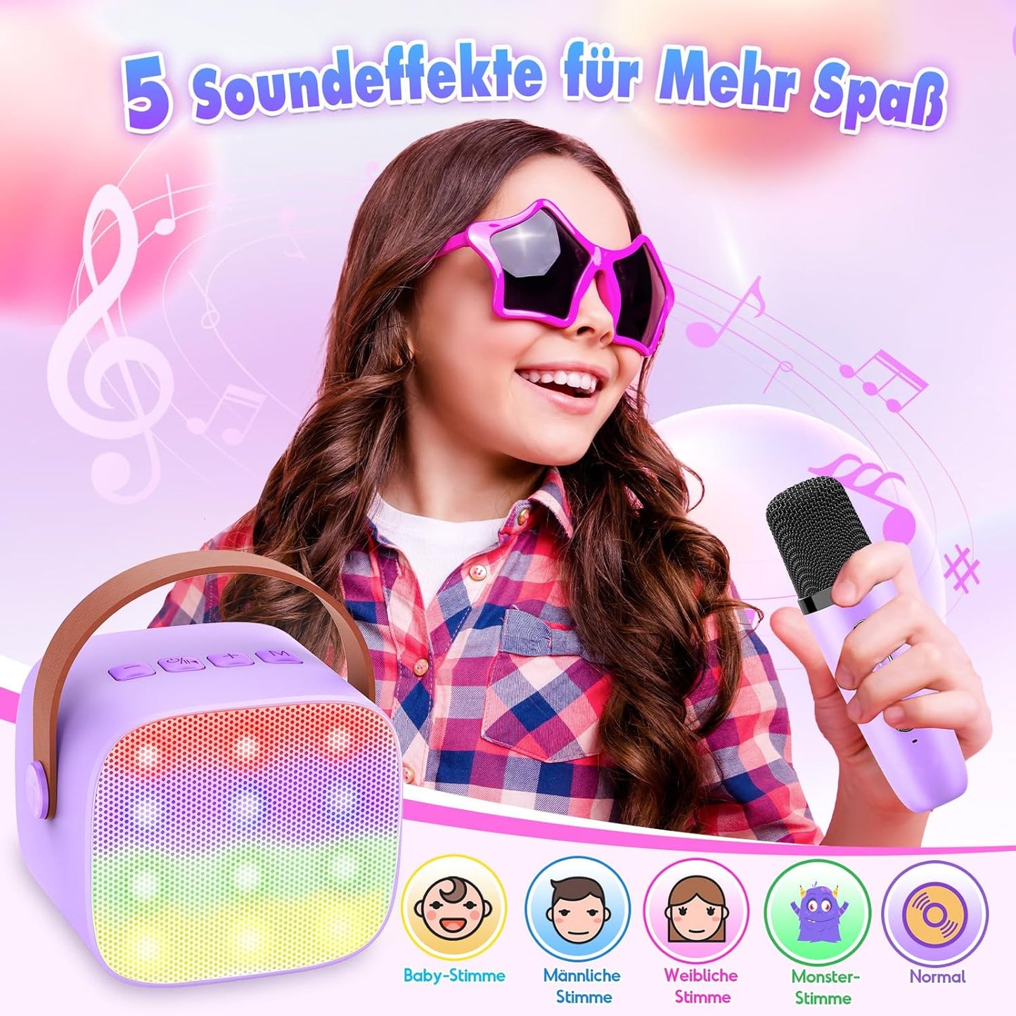 Karaoke Machine with 2 Bluetooth Microphones, Children's Unicorn Christmas Gifts Toy for Girls 3-12 Years, Portable Karaoke Microphone Set with DSP and LED Lights