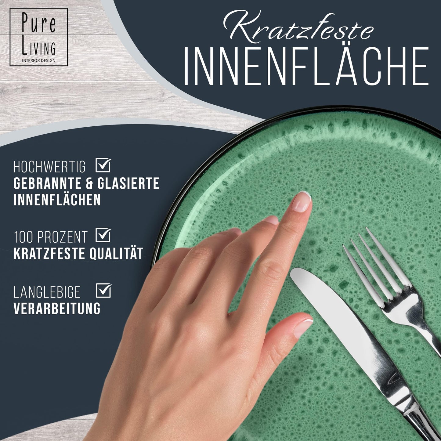 Steingut Frühstücksteller 6 Pers. Ibiza Hochwertiges Mediterranes TEST SEHR GUT Dessertteller Set - Kuchenteller spülmaschinen- und kratzfest - Kleine Teller, Salatteller Pure Living in Petrol