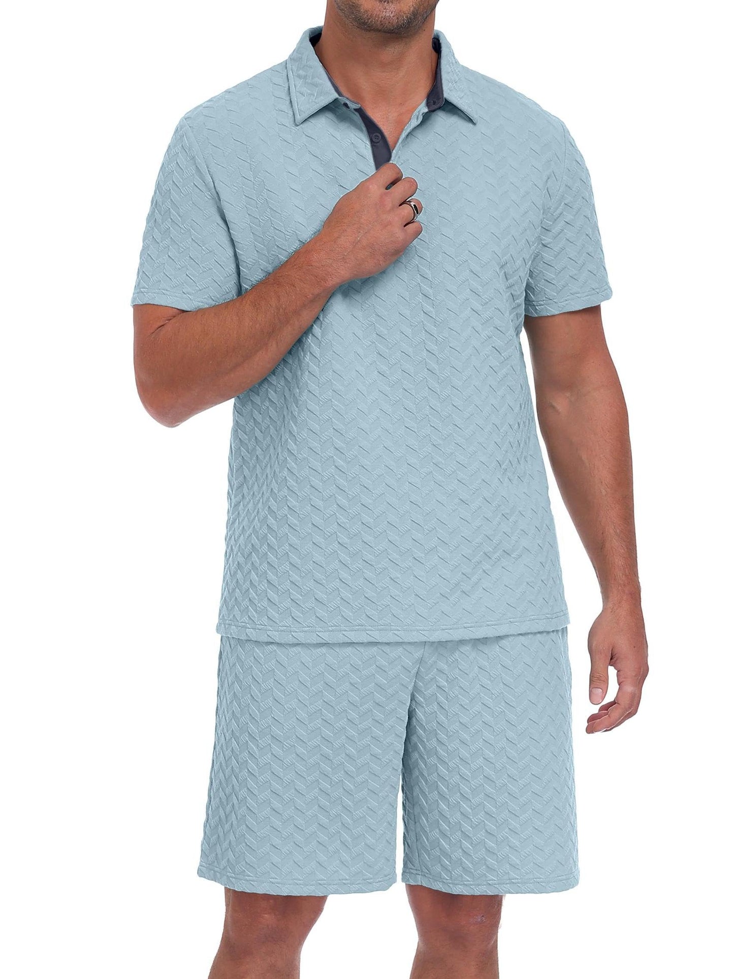 QIXING Herren Sommer Set 2 Teiler Polohemd und Shorts Set Herren Kurzarm Polo Shirt mit Strukturmuster Leichtes Freizeit Outfit für Urlaub Strand Reisen und Alltag