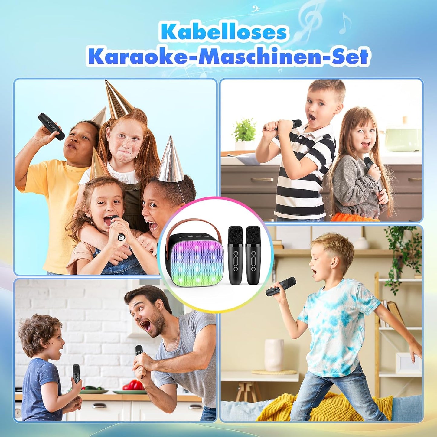 Karaoke Machine with 2 Bluetooth Microphones, Children's Unicorn Christmas Gifts Toy for Girls 3-12 Years, Portable Karaoke Microphone Set with DSP and LED Lights