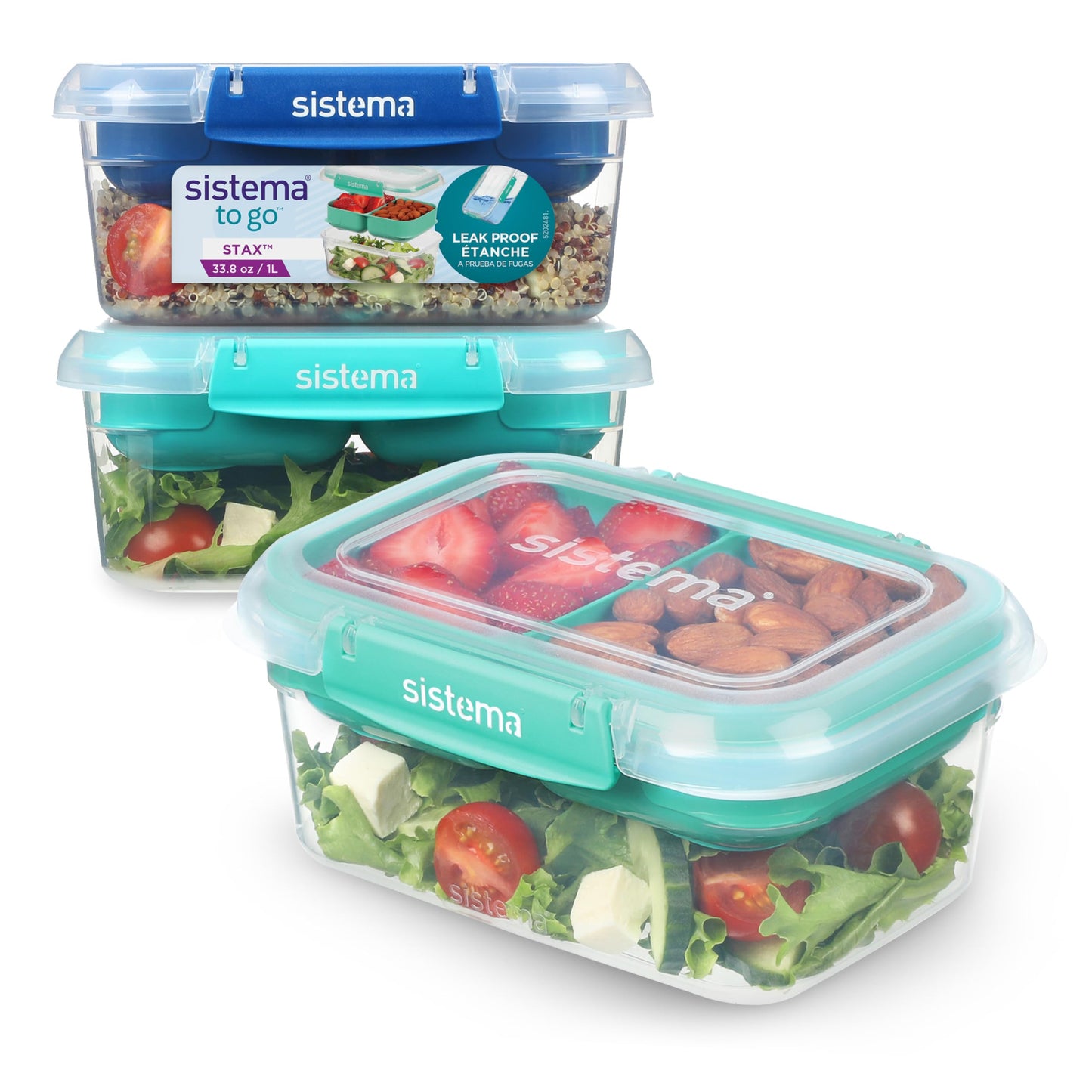Sistema Bento-Box | 1,25 L | Brotdose für Pause mit Fächern und Snackbox | BPA-frei | hergestellt aus Ocean Bound Plastic | Teal Stone | 1 Stück, Mintgrün (Recycelter Kunststoff)