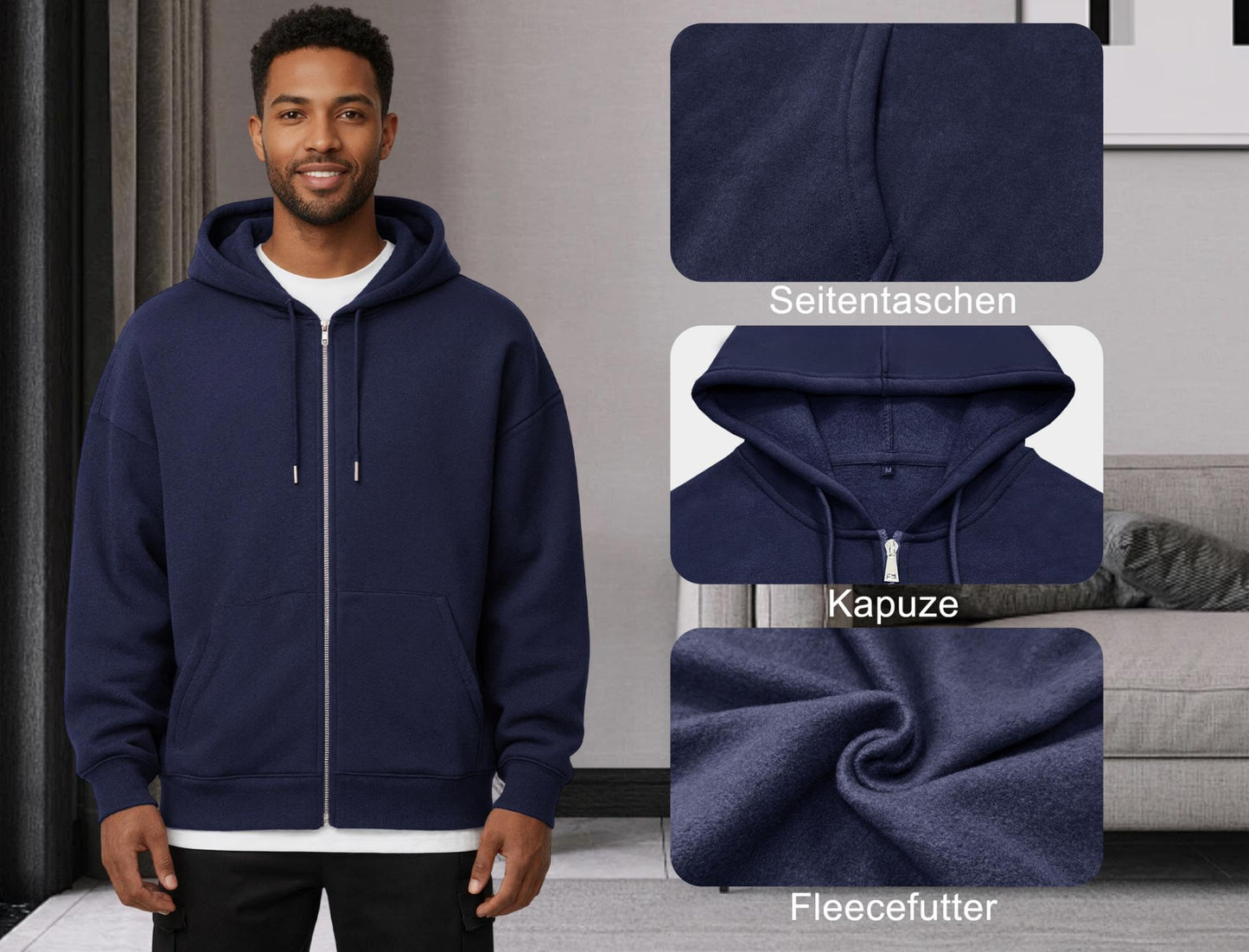 Oyamiki Hoodie Herren Langarm Kapuzenjacke Reißverschluss Sweatjacke Fleece Kapuzenpullover Lässige Kapuze Jacke Sweatshirt Pullover mit Taschen