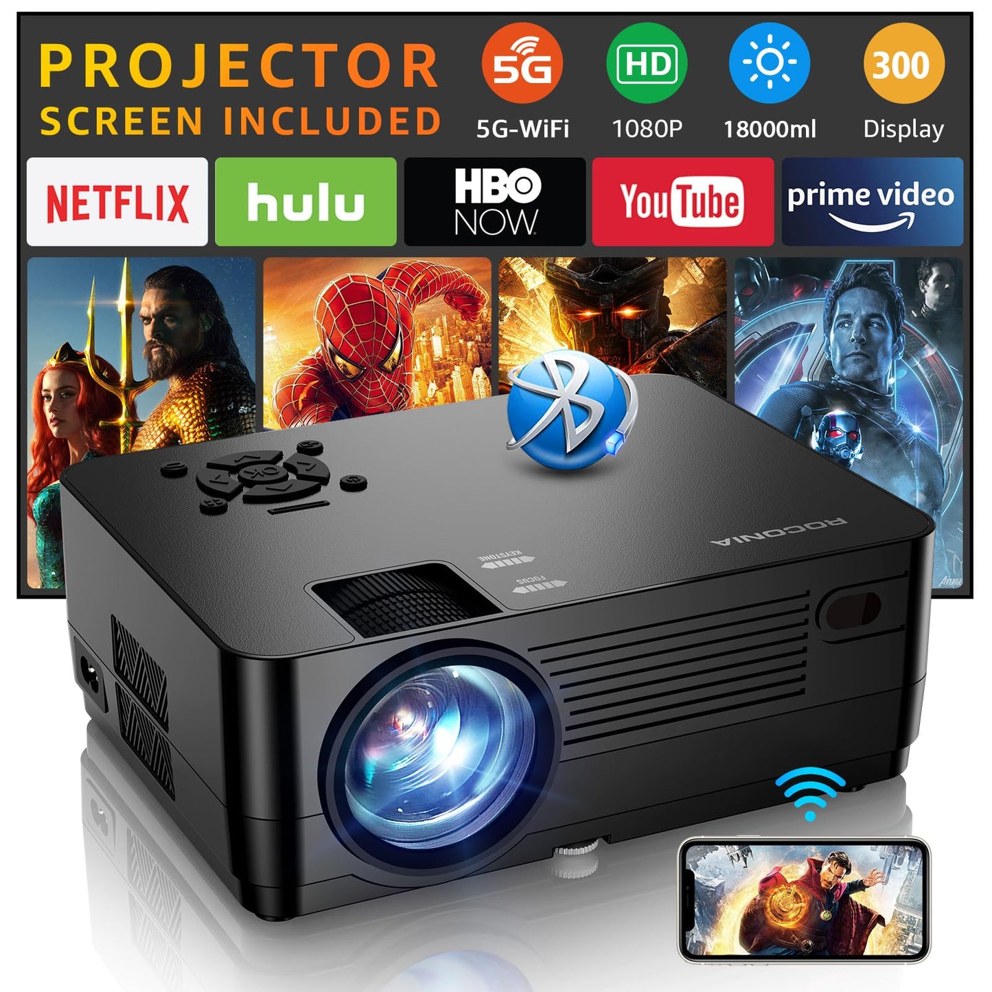 Beamer, 5G WiFi Bluetooth Native 1080P Beamer [Projector Screen Included], Roconia 12000LM Full HD Movie Projektor, 300 '' Display Unterstützung 4K Video, Kompatibel mit Smartphone/Laptop/TV Stick