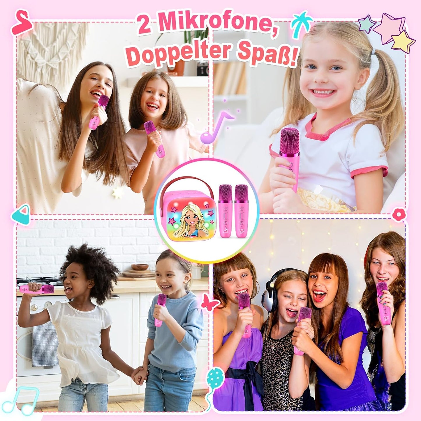 Karaoke Machine with 2 Bluetooth Microphones, Children's Unicorn Christmas Gifts Toy for Girls 3-12 Years, Portable Karaoke Microphone Set with DSP and LED Lights