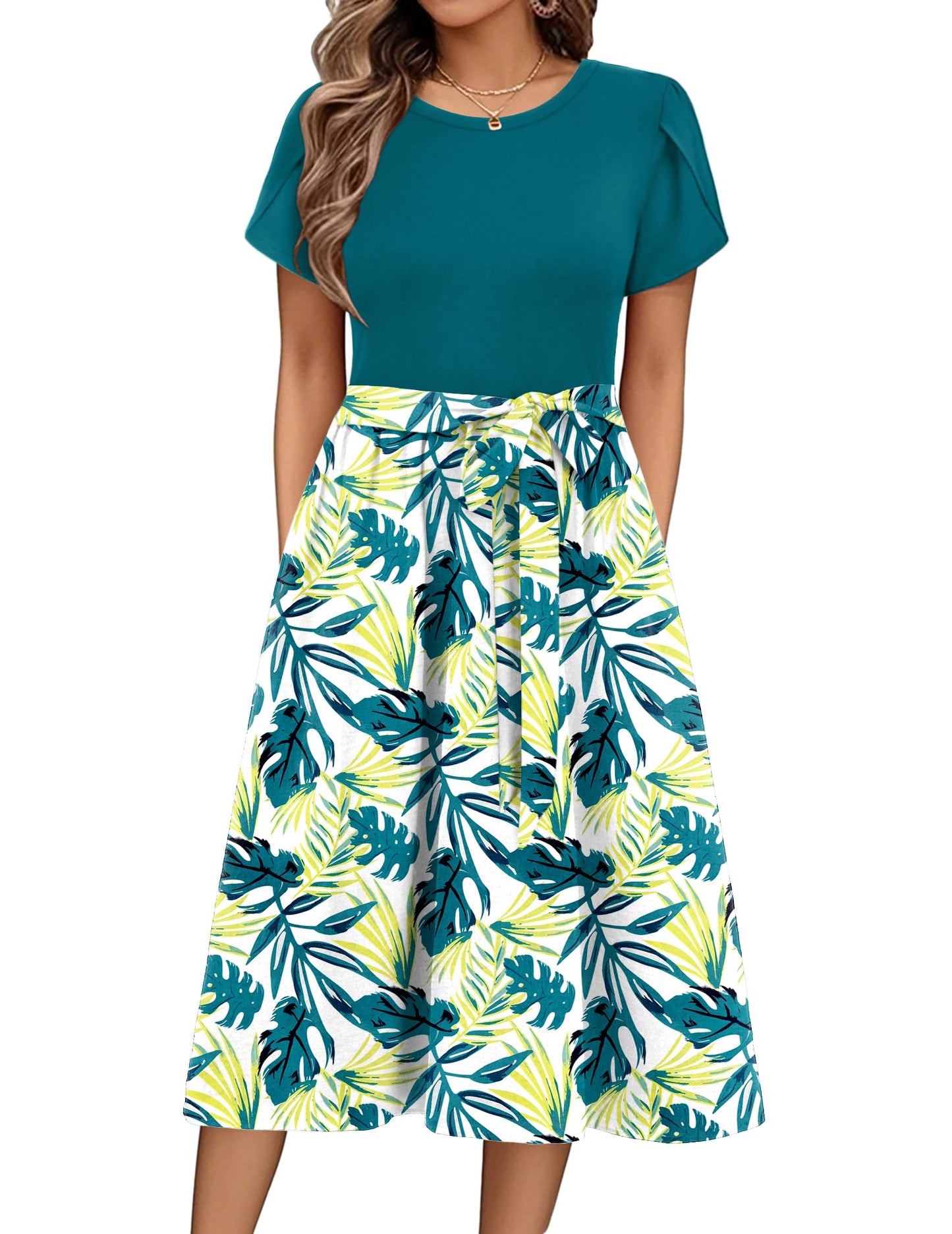ZEAGOO Sommerkleid Damen Elegant Kleider Kurzarm Rundhals Midikleid A-Linie Blumenkleid Casual Tunika Kleid Hohe Taille Strandkleid mit Taschen S-XXL