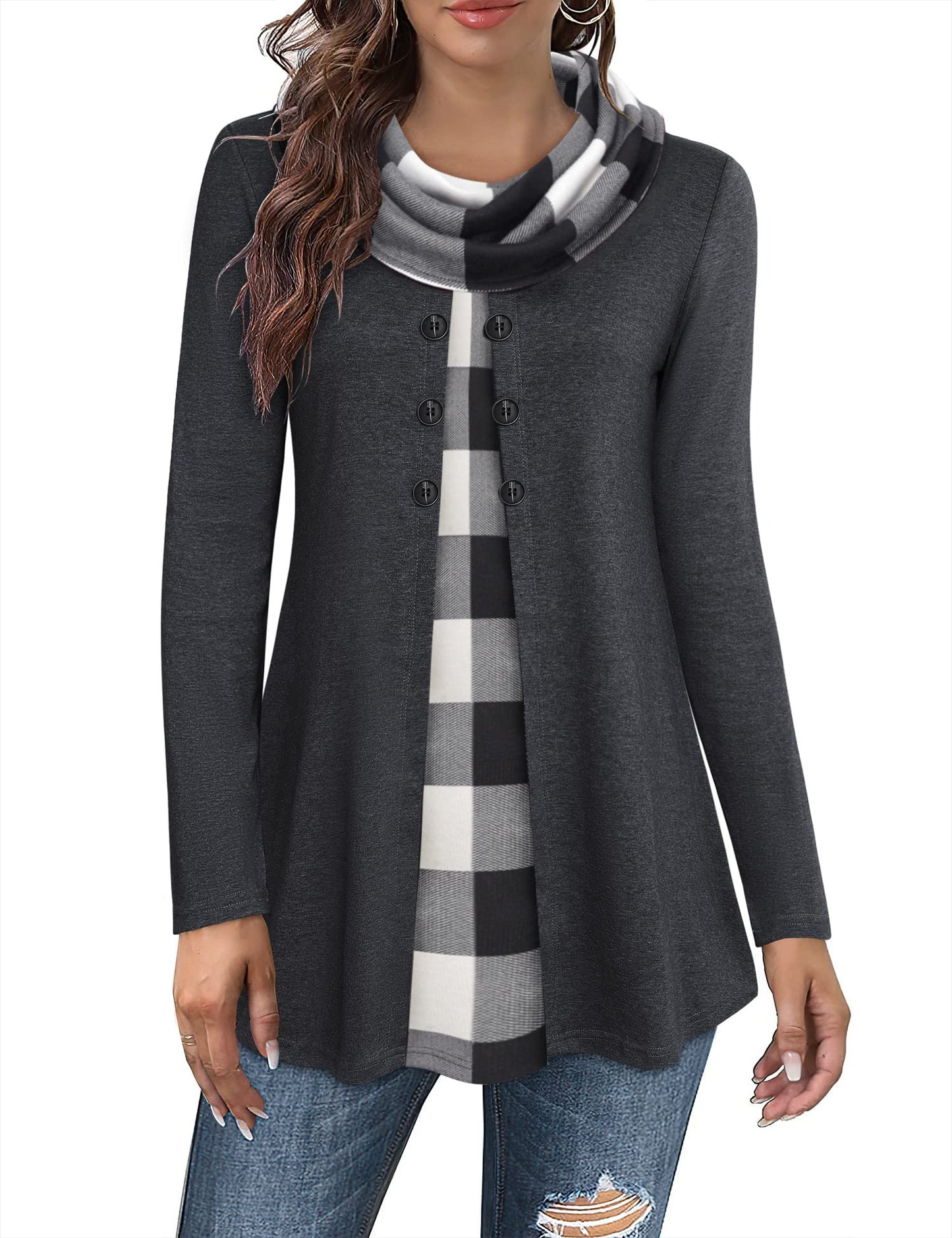 Gaharu Damen Tunika Langarm Elegant Pullover Lang Sweatshirt Schalkragen Patchwork Pulli
