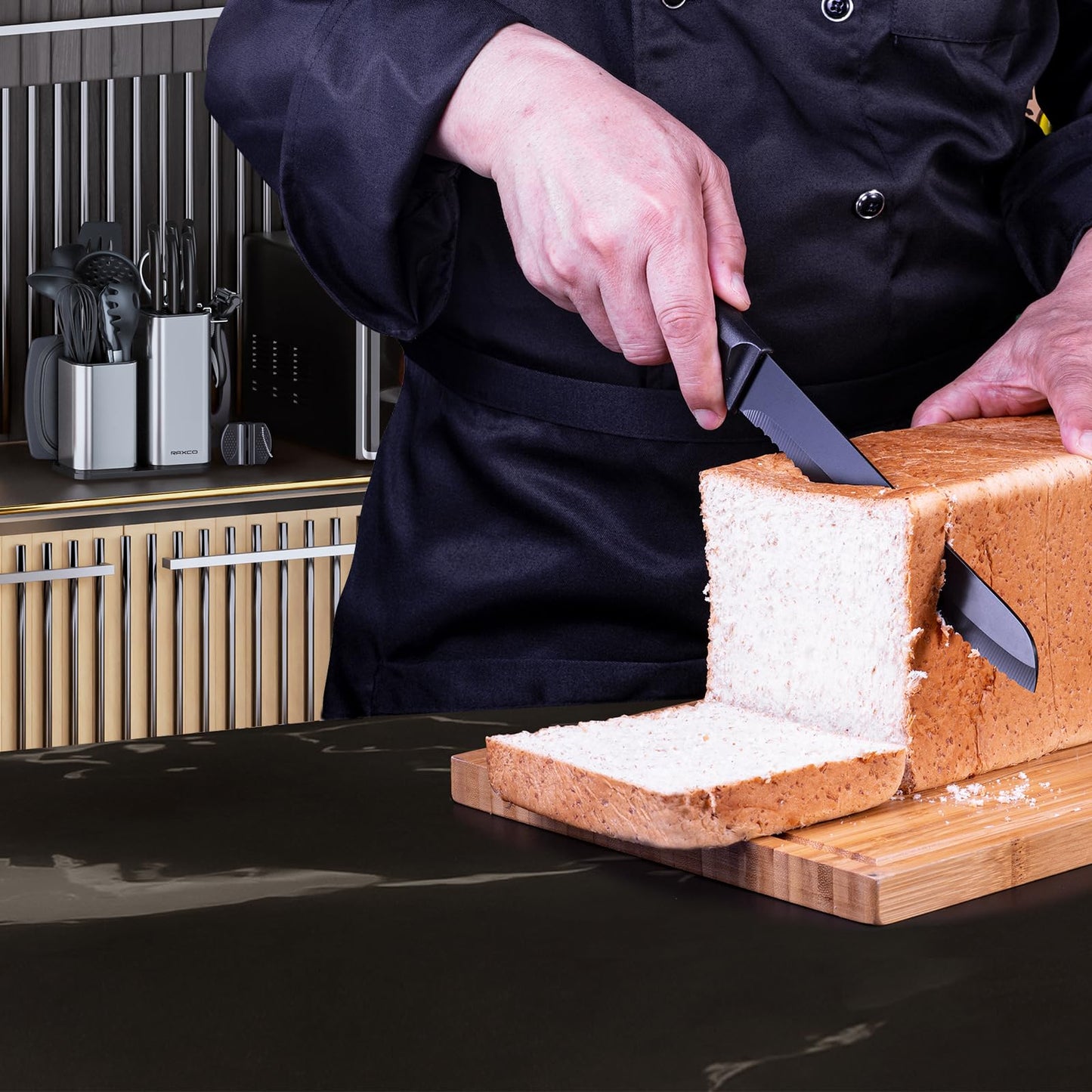 RAXCO Küchenmessersets Mit block,18 Teiligs Küchenutensilien Mit 5 Teiligs Messersets und 7 Teiligs Silikon Pfannenwender,Küchenhelfer sets, Schwarz