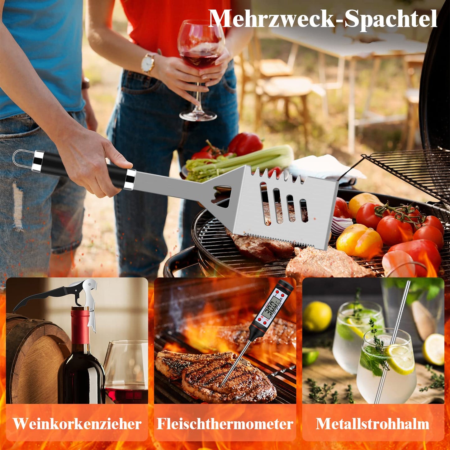 Grilliance 38 Stücke BBQ Grillbesteck Set Edelstahl Grillzubehör für Männer Geschenk Geburtstag Hochwertiger Grillutensilien Set Koffer mit Grillkoffer und Grillmatte für Garten und Camping Braun