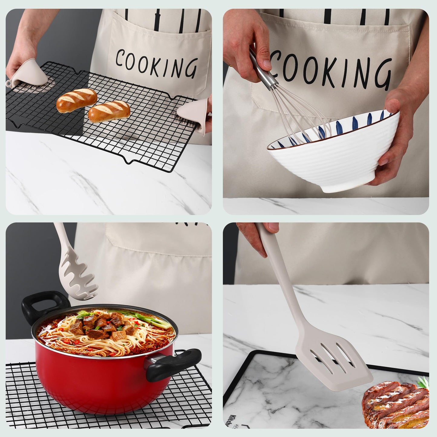 Küchenhelfer Set, 43 teiliges Küchenutensilien Set. Kochlöffel Set Silikon, Hochtemperaturbeständig und antihaftbeschichtet. Küchenutensilien beige mit Vorratsbehälter S Haken, spülmaschinenfest