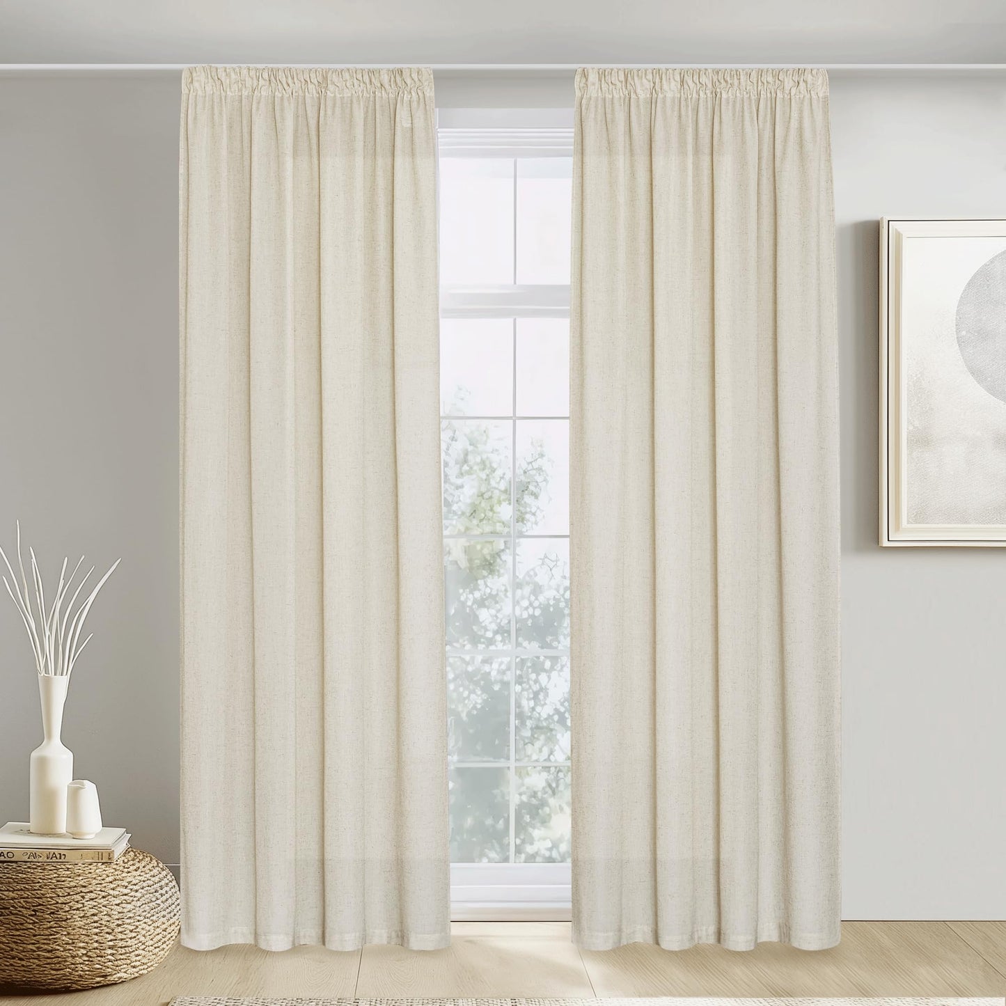 PONY DANCE Leinenvorhang Kräuselband Wohnzimmer Vorhänge Boho 2er Set H 245 x B 140 cm Leinen Gardinen für Schienensystem Leinenoptik Vorhänge Halbtransparent Linen Curtains Living Room, Beige