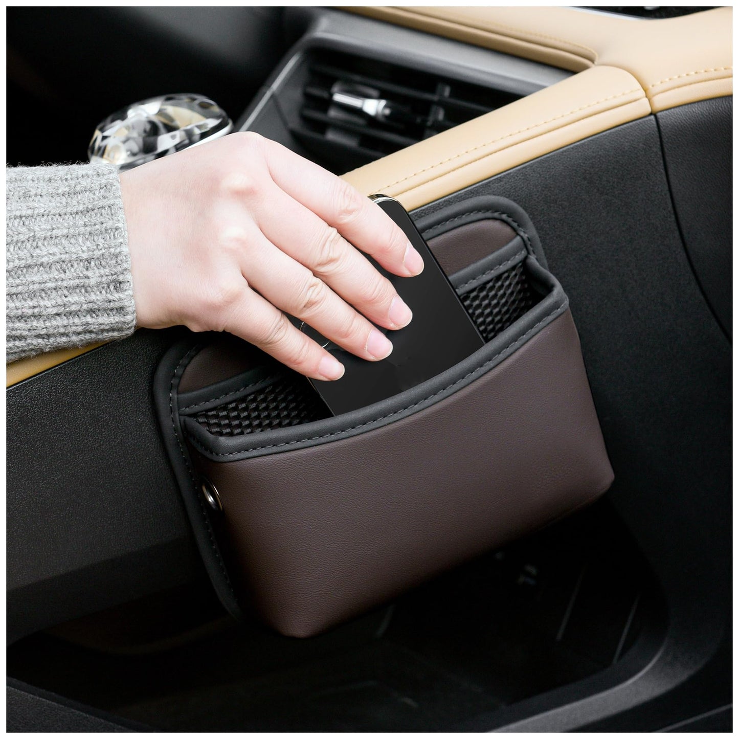 PU Leather Car Side Bag Organiser, Universal Car Bag Mobile Phone Holder for Car, Car Seat Gap Filler Storage Accessories Organiser for Car Door, Console (Black)