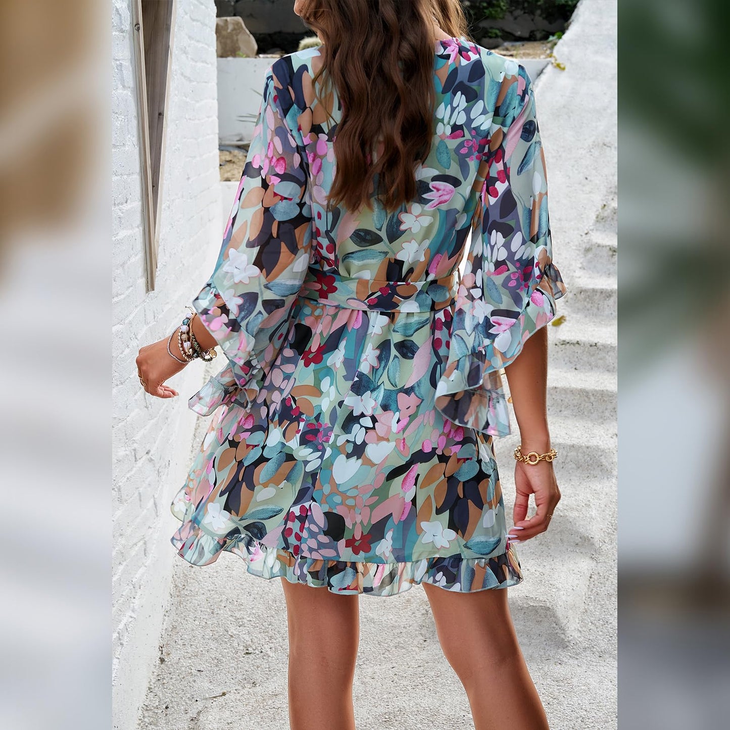 Odizli Sommerkleid Damen Kurz Elegant Blumen Chiffon V-Ausschnitt Wickelkleid