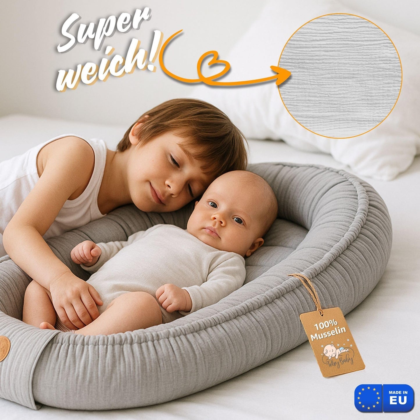 Musselin Babynest Nestchen Baby 90x50 cm - Babynestchen Neugeborene Nest für Kinder Bett und Babybett tragbar Kuschelnest Coccon für Jungen und Mädchen Baumwolle Grau