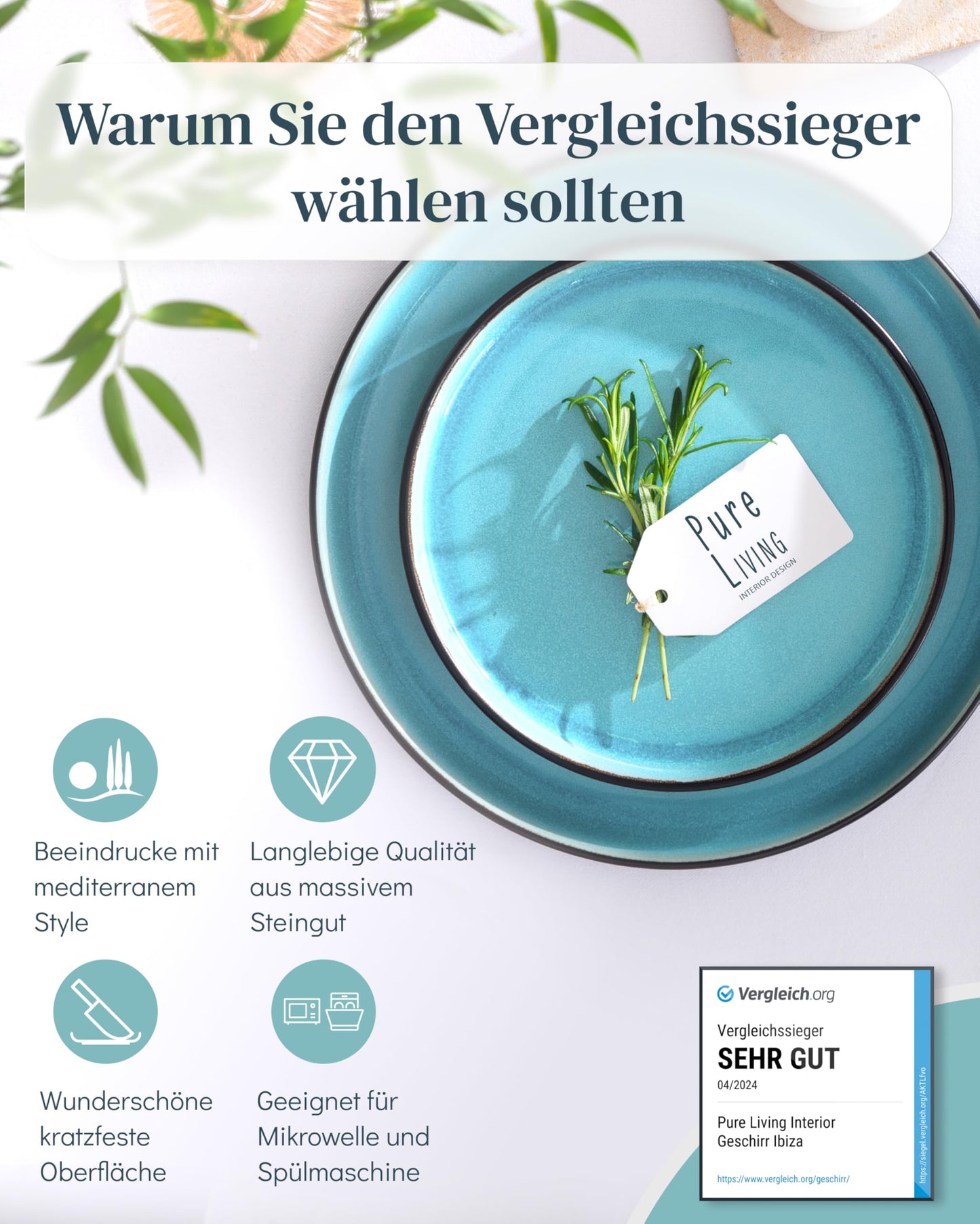 Steingut Frühstücksteller 6 Pers. Ibiza Hochwertiges Mediterranes TEST SEHR GUT Dessertteller Set - Kuchenteller spülmaschinen- und kratzfest - Kleine Teller, Salatteller Pure Living in Petrol