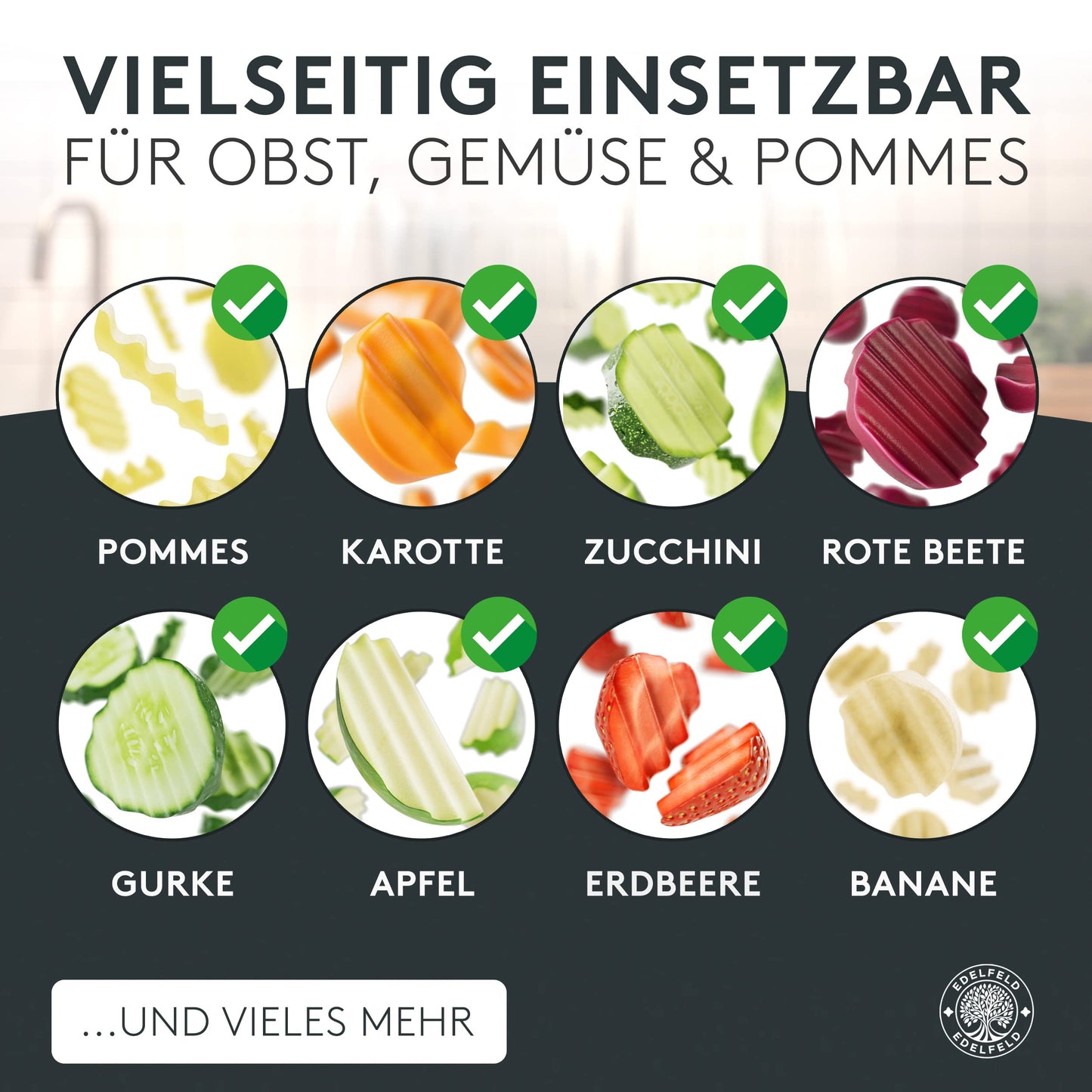 EDELFELD Wellenschneider für Pommes, Obst & Gemüse [TESTSIEGER] - Spülmaschinengeeignetes Wellenmesser mit Titanklinge - Riffelmesser für Erwachsene & Kinder - BLW Wellenschnittmesser aus Edelstahl
