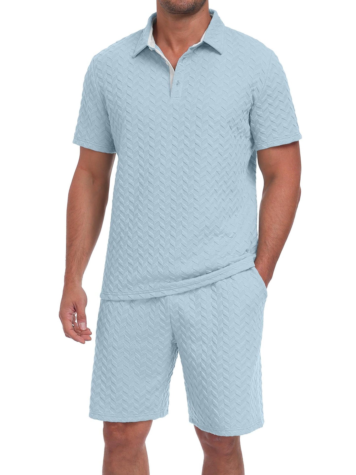QIXING Herren Sommer Set 2 Teiler Polohemd und Shorts Set Herren Kurzarm Polo Shirt mit Strukturmuster Leichtes Freizeit Outfit für Urlaub Strand Reisen und Alltag