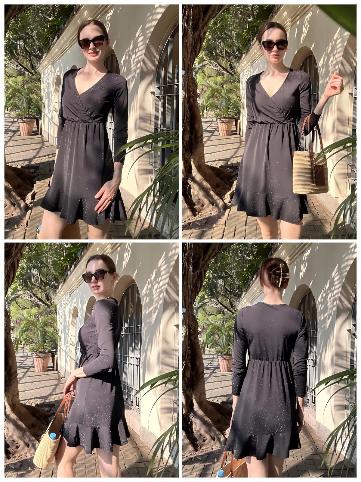 Zeagoo Kleid Damen Weihnachtskleid Elegant Winterkleid Festlich Paillettenkleid Langarm Partykleid V-Ausschnitt Rüschensaum Glitzerkleid Sparkly MidiKleid Cocktailkleid Ballkleid