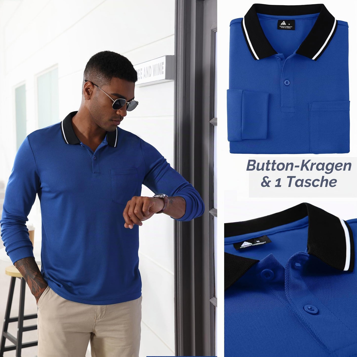 JACKETOWN 3er Pack Poloshirt Herren Langarm Atmungsaktiv Poloshirt Set Knopfkragen Arbeitshemd Golf Polohemd Frühling Herbst Arbeits T Shirt mit Tasche