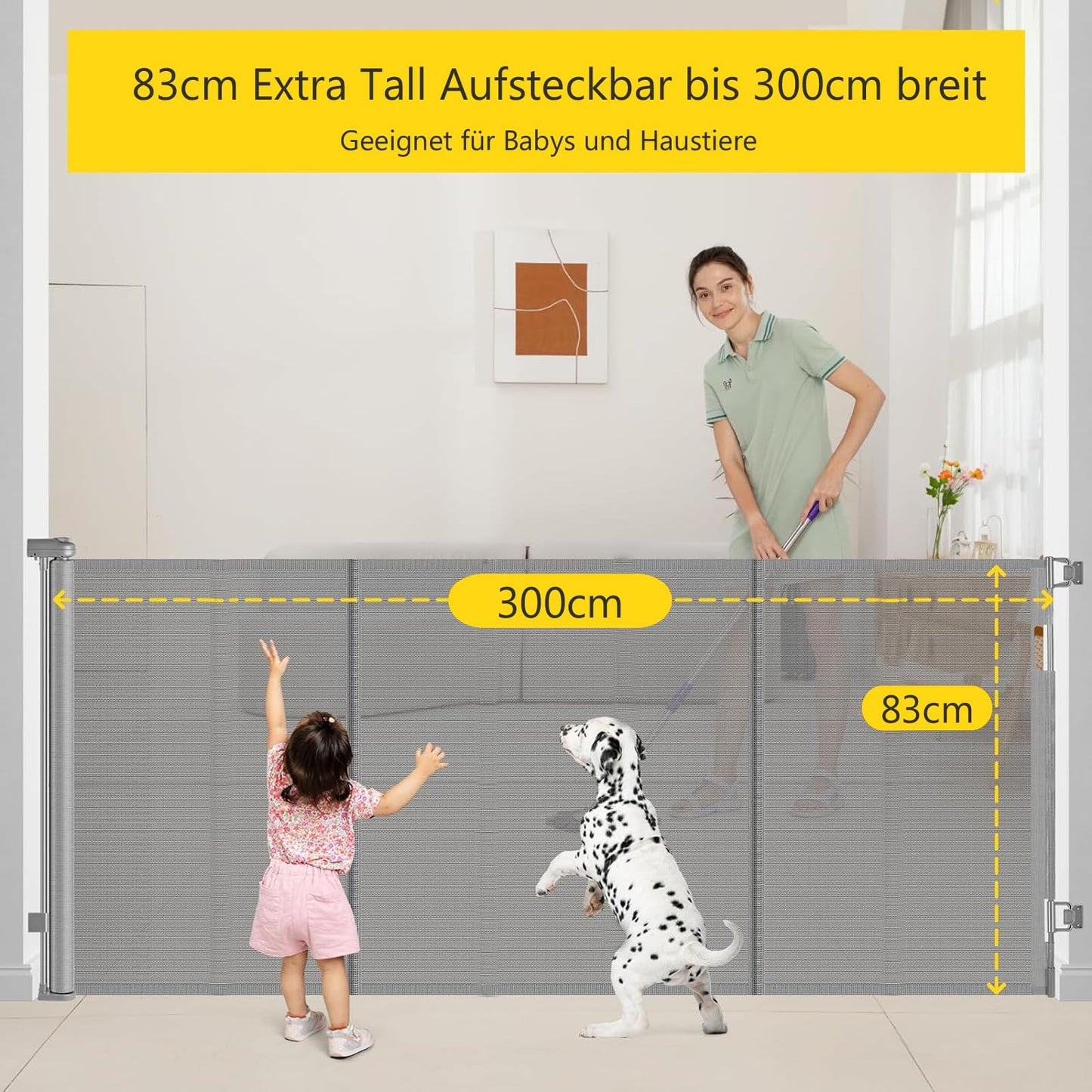 Retractable Stair Safety Gate for Babies, 0-150 cm Wide, Baby Barrier, Cat and Dog Barrier, One-Handed Operation, Suitable for Indoor & Outdoor Use (150 cm, Black)