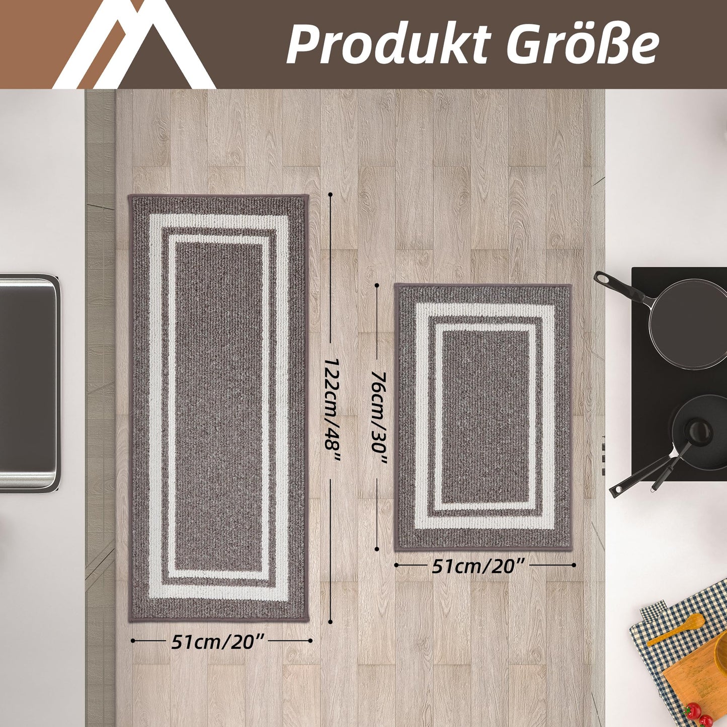 COSY HOMEER Küchenläufer rutschfest 2 Stück, Küchenteppich Waschbar rutschfest, Küchenmatten, Teppich Läufer Flur für Küche, Kitchen Mat/Rug/Carpet(51x76CM + 51x122CM, Grau)