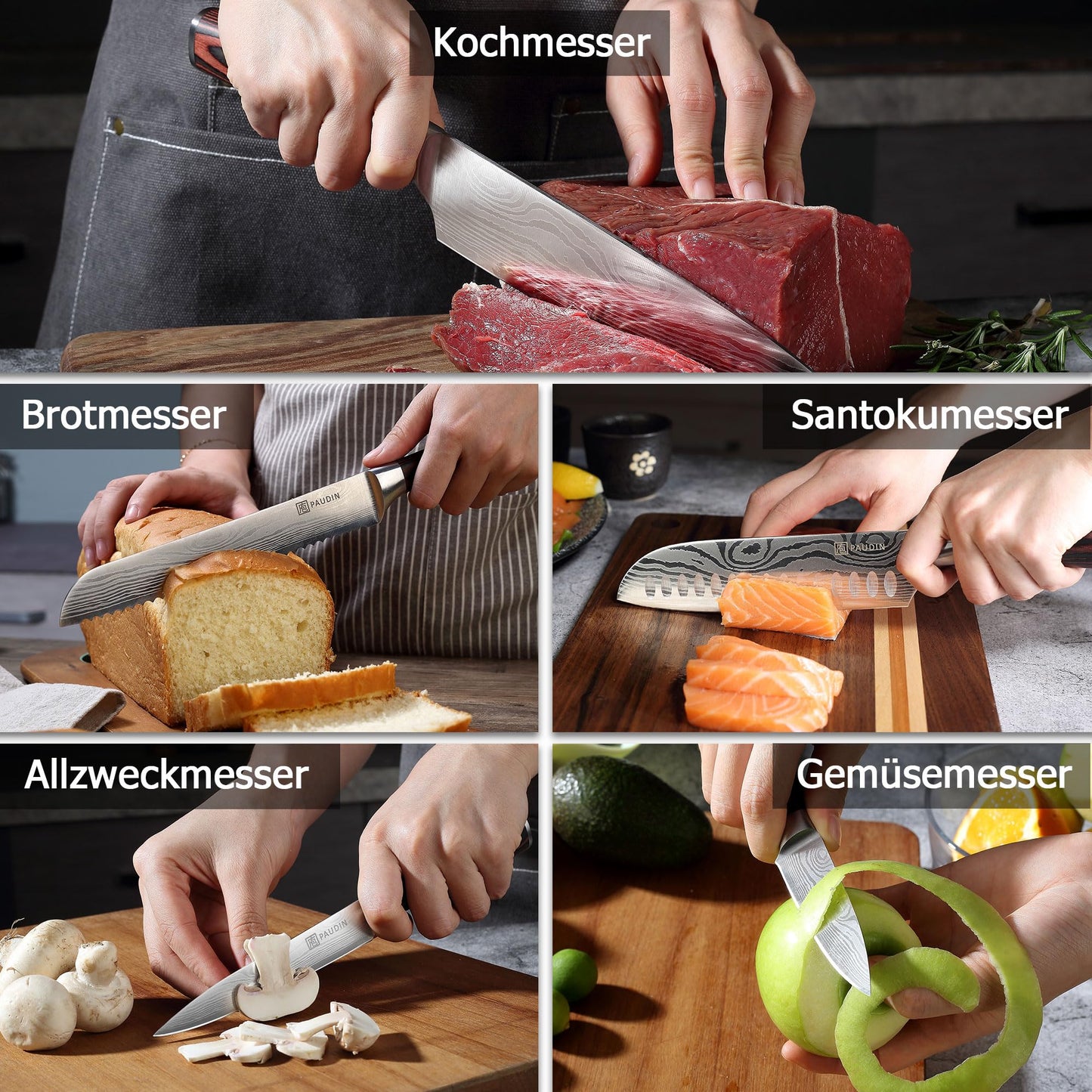 PAUDIN Messerblock, 14-teiliges Messer-Set für die Küche, scharf, hochwertiges deutsches Edelstahlmesser-Set mit Holzblock, Messerschäfer und Schere