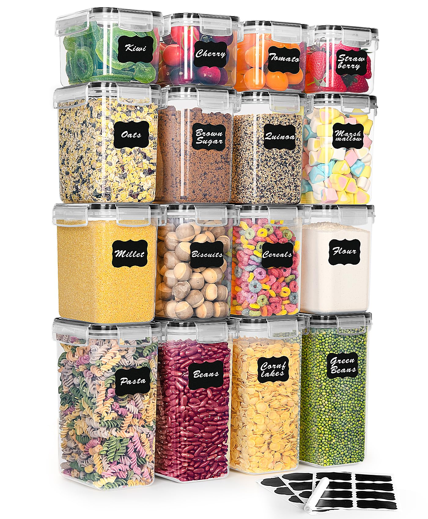 L LONGANCHANG Vorratsdosen mit Deckel Luftdicht Set of 16, BPA frei, Aufbewahrungsbox mit Deckel, Mottensichere Küchen Organizer Cornflakes Müsli Mehl Aufbewahrung, Vorratsbehälter mit Etiketten