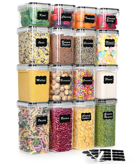L LONGANCHANG Vorratsdosen mit Deckel Luftdicht Set of 16, BPA frei, Aufbewahrungsbox mit Deckel, Mottensichere Küchen Organizer Cornflakes Müsli Mehl Aufbewahrung, Vorratsbehälter mit Etiketten