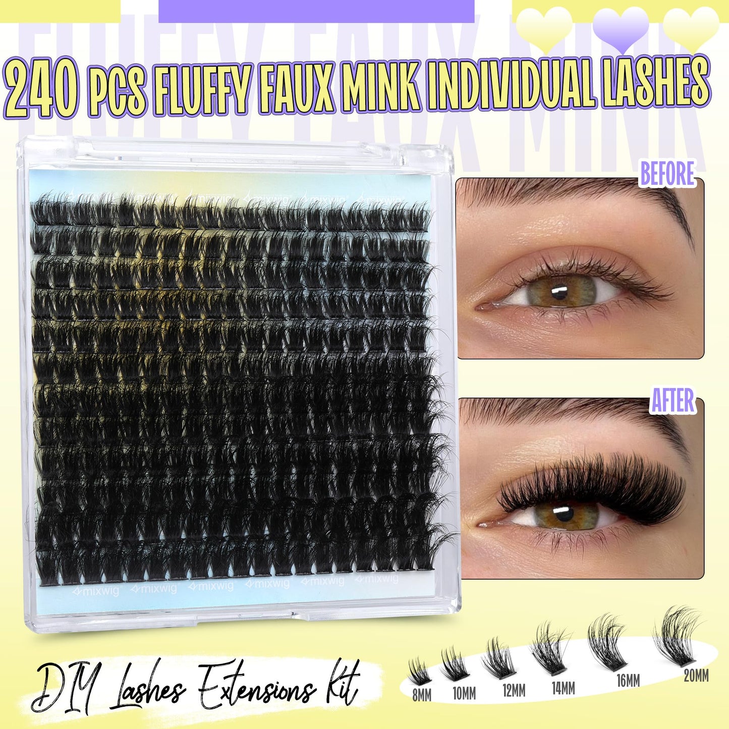 Wimpern Extensions Set Künstliche Wimpern Natürliche DIY Wimpernverlängerung Cluster Wimpern 16MM Individuelle Lashes Kit 40D Nerz Wimpern Fluffy mit Lash Bond und Seal Lash Tweezers