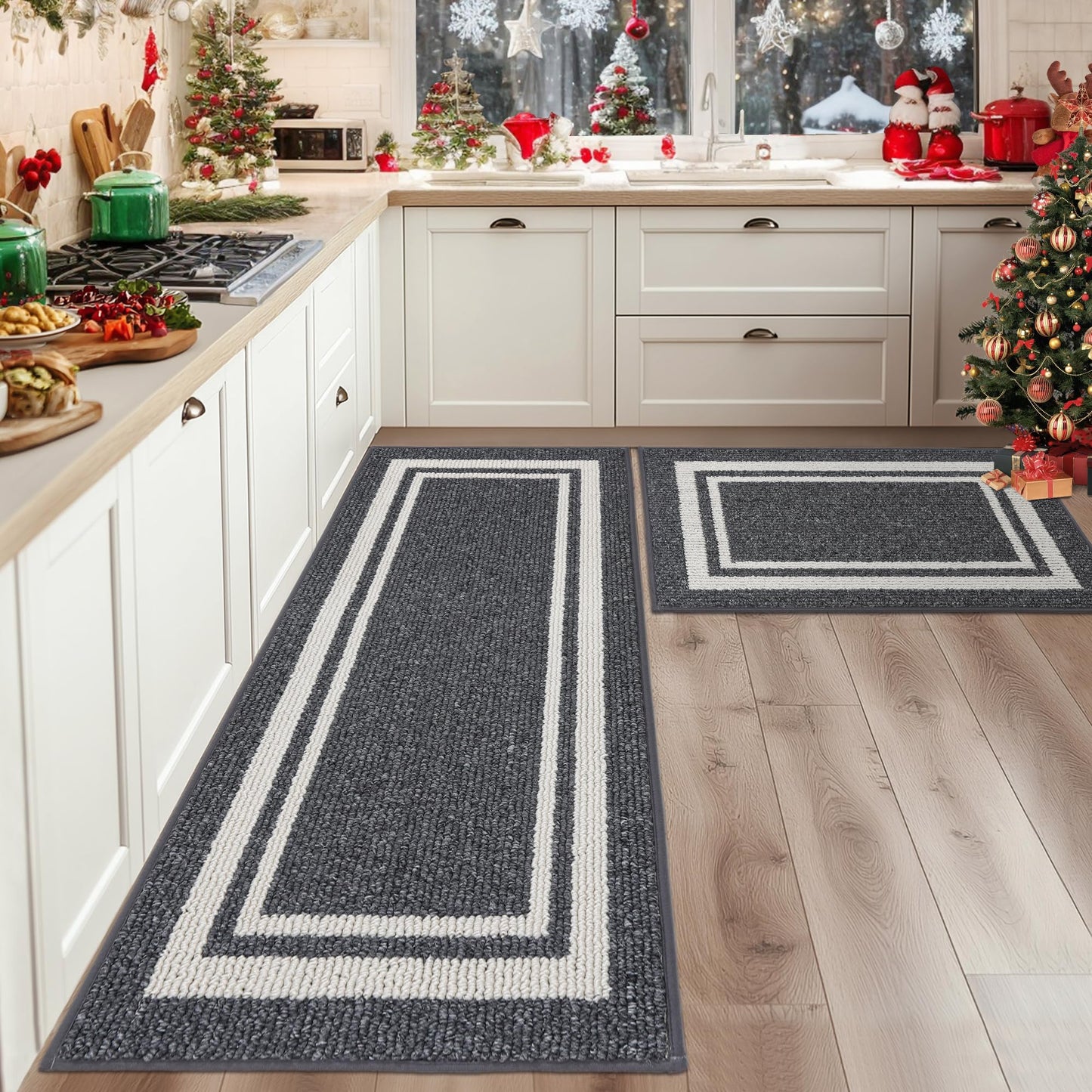 COSY HOMEER Küchenläufer rutschfest 2 Stück, Küchenteppich Waschbar rutschfest, Küchenmatten, Teppich Läufer Flur für Küche, Kitchen Mat/Rug/Carpet(51x76CM + 51x122CM, Grau)