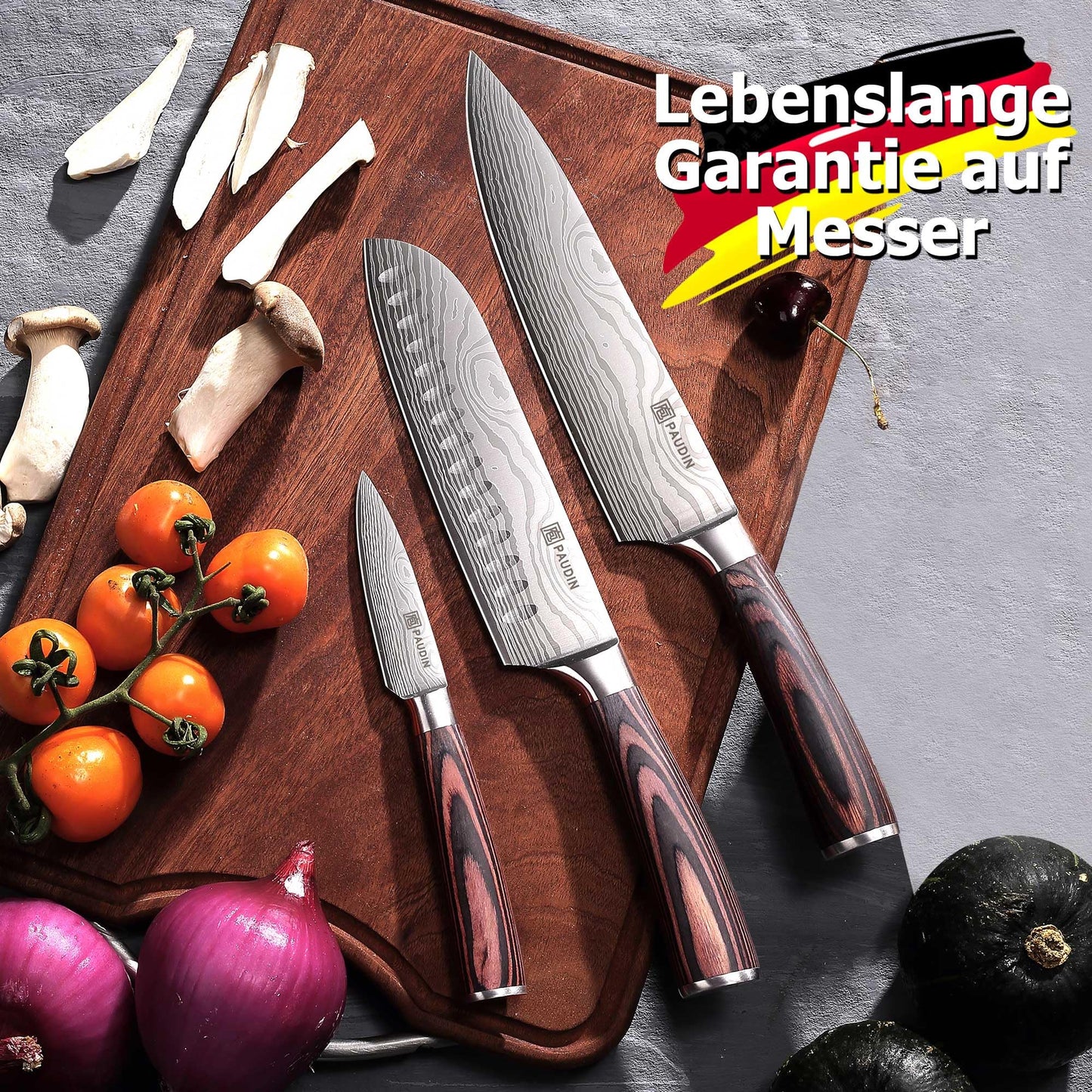 PAUDIN Messerblock, 14-teiliges Messer-Set für die Küche, scharf, hochwertiges deutsches Edelstahlmesser-Set mit Holzblock, Messerschäfer und Schere