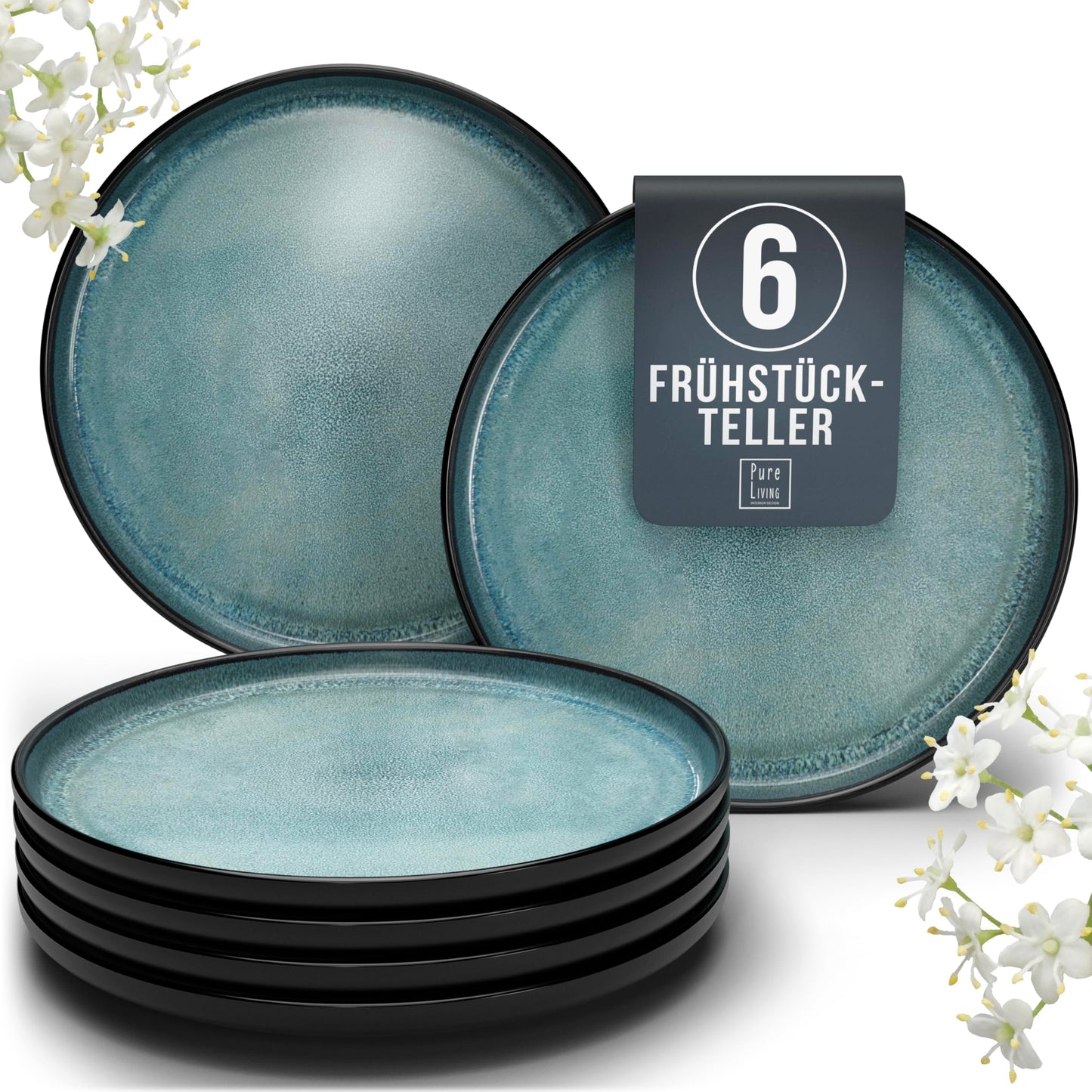 Steingut Frühstücksteller 6 Pers. Ibiza Hochwertiges Mediterranes TEST SEHR GUT Dessertteller Set - Kuchenteller spülmaschinen- und kratzfest - Kleine Teller, Salatteller Pure Living in Petrol