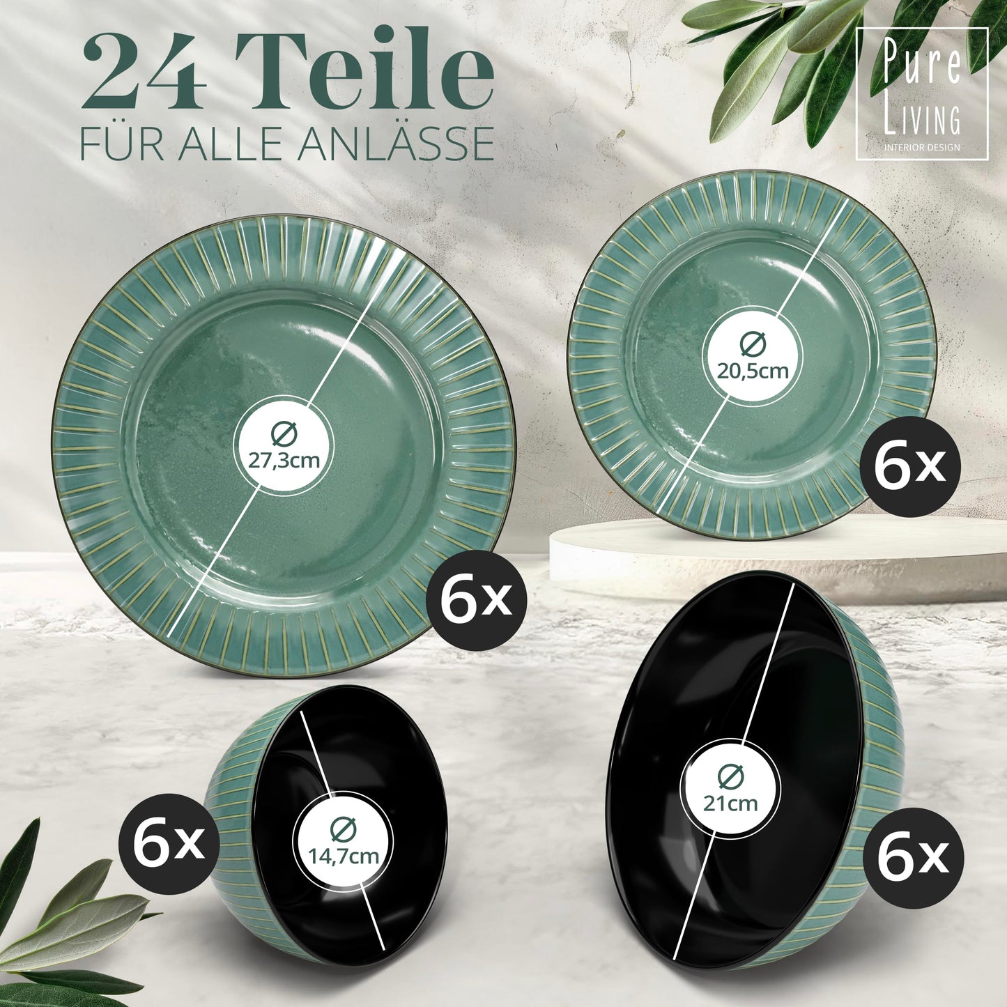 Steingut Frühstücksteller 6 Pers. Ibiza Hochwertiges Mediterranes TEST SEHR GUT Dessertteller Set - Kuchenteller spülmaschinen- und kratzfest - Kleine Teller, Salatteller Pure Living in Petrol