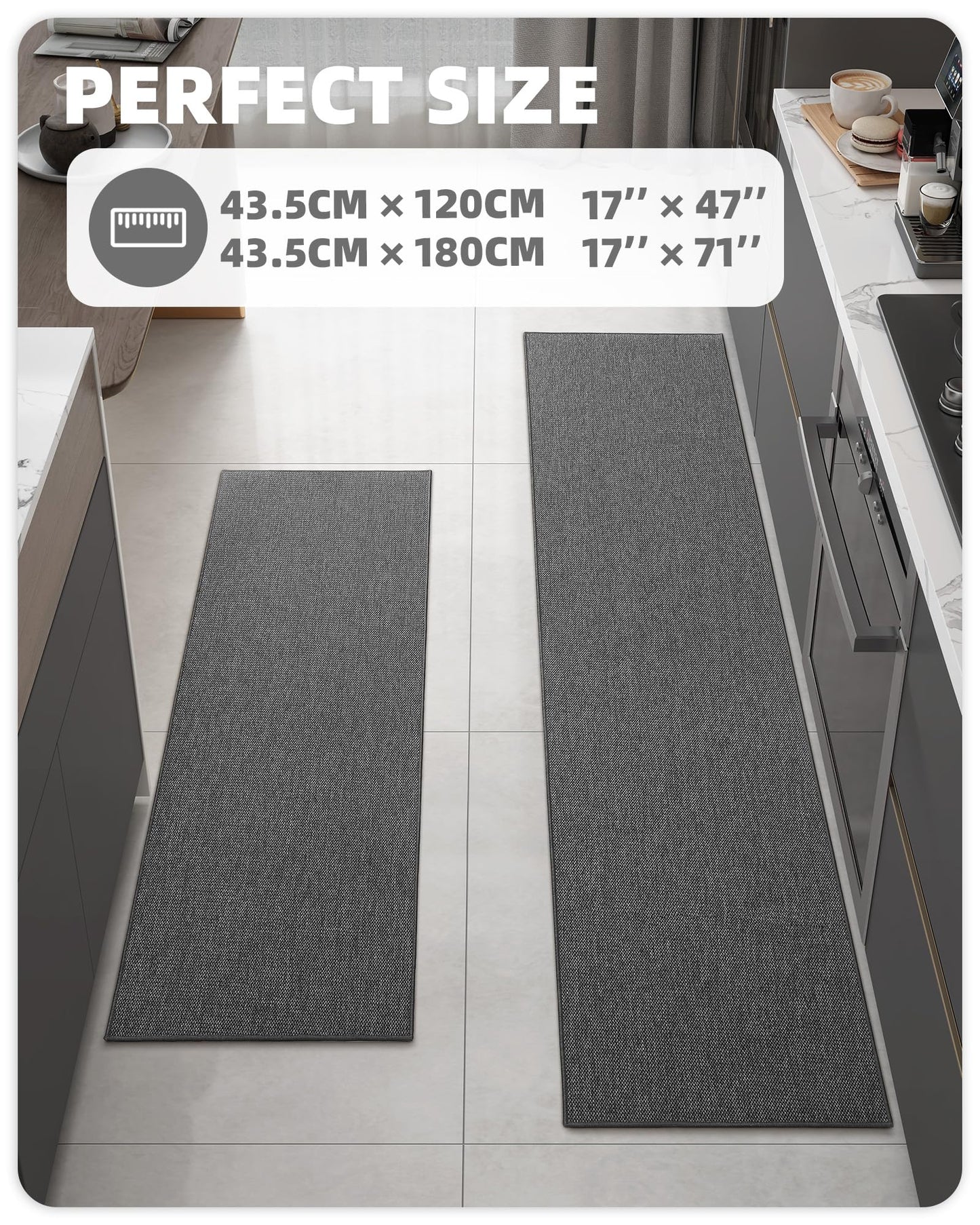 Color G 2 Stück Küchenläufer, Küchenteppich Waschbar rutschfest, Teppich Läufer Küche, Teppich Küche Leicht Zu Reinigen, Saugfähig, Küchenmatte für Küche, Esszimmer, Waschküche (Grau, 43x75+43x150cm)