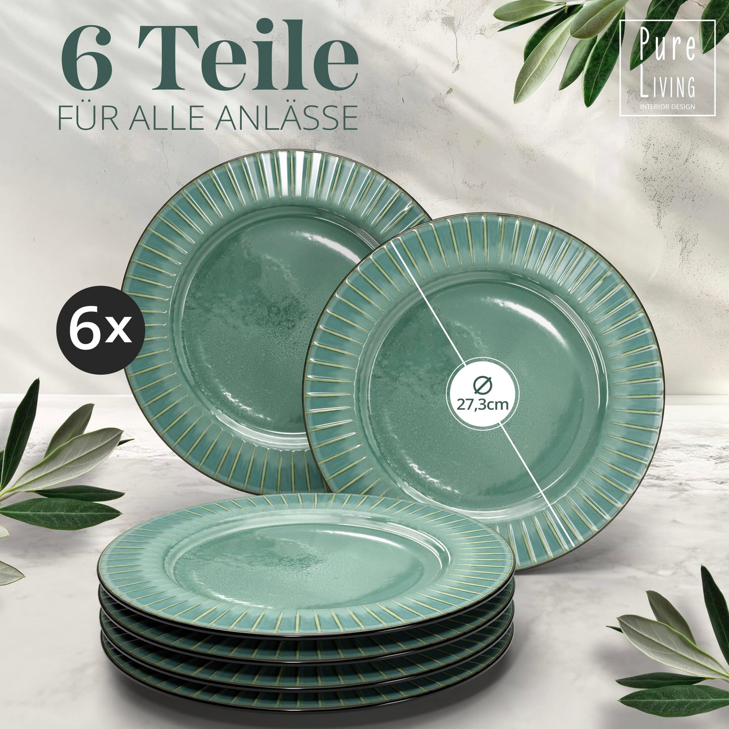 Steingut Frühstücksteller 6 Pers. Ibiza Hochwertiges Mediterranes TEST SEHR GUT Dessertteller Set - Kuchenteller spülmaschinen- und kratzfest - Kleine Teller, Salatteller Pure Living in Petrol