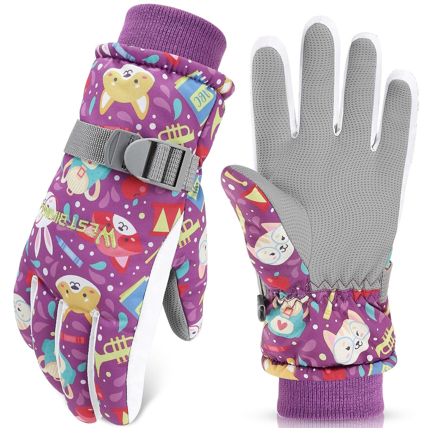 WESTGIRL Children’s Winter Gloves, Windproof, Warm Ski Gloves, Thermal Fleece, Water-Repellent Cartoon Snow Gloves, Outdoor Gloves for Snowboarding, Cycling, for Boys and Girls Aged 3–12 Years