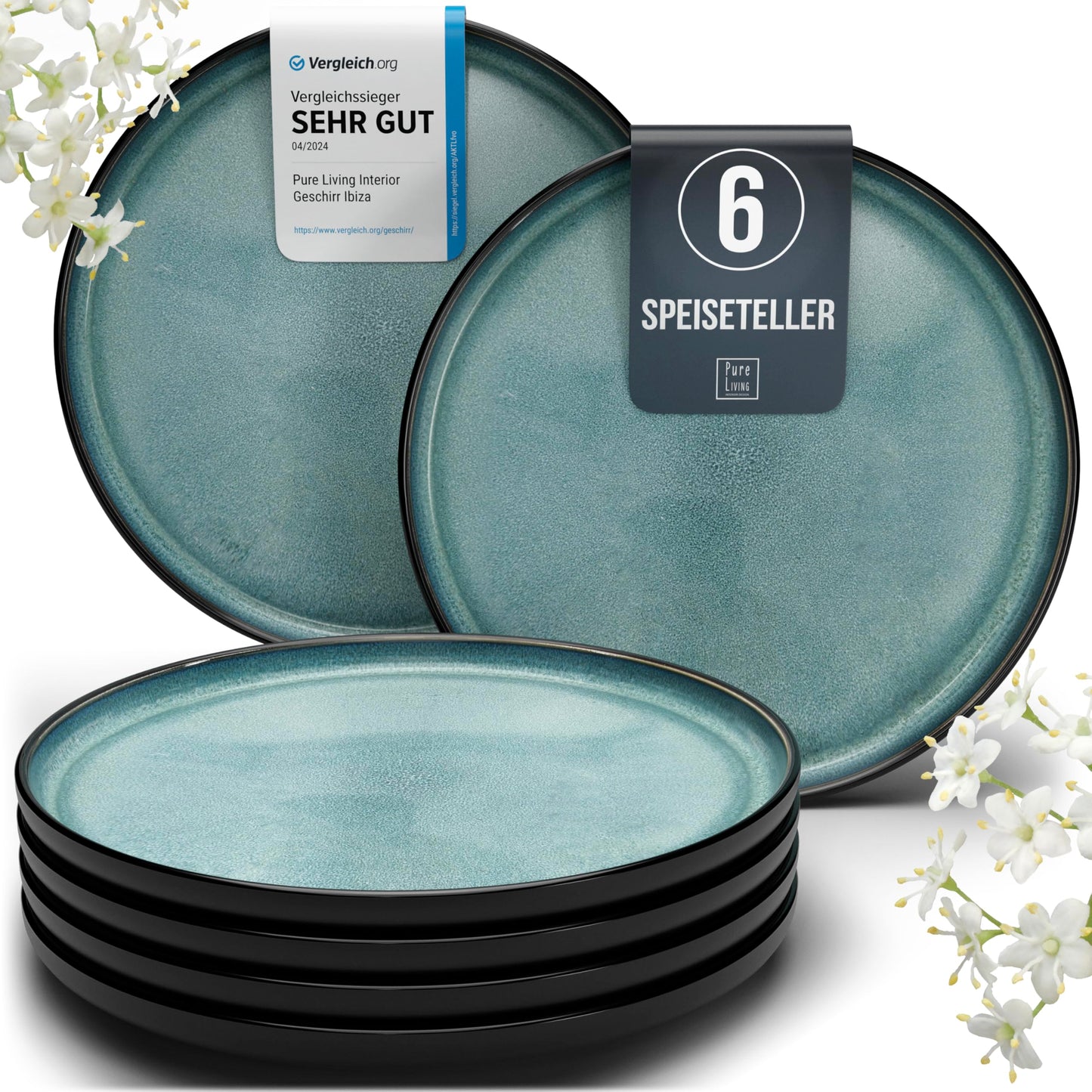 Steingut Frühstücksteller 6 Pers. Ibiza Hochwertiges Mediterranes TEST SEHR GUT Dessertteller Set - Kuchenteller spülmaschinen- und kratzfest - Kleine Teller, Salatteller Pure Living in Petrol