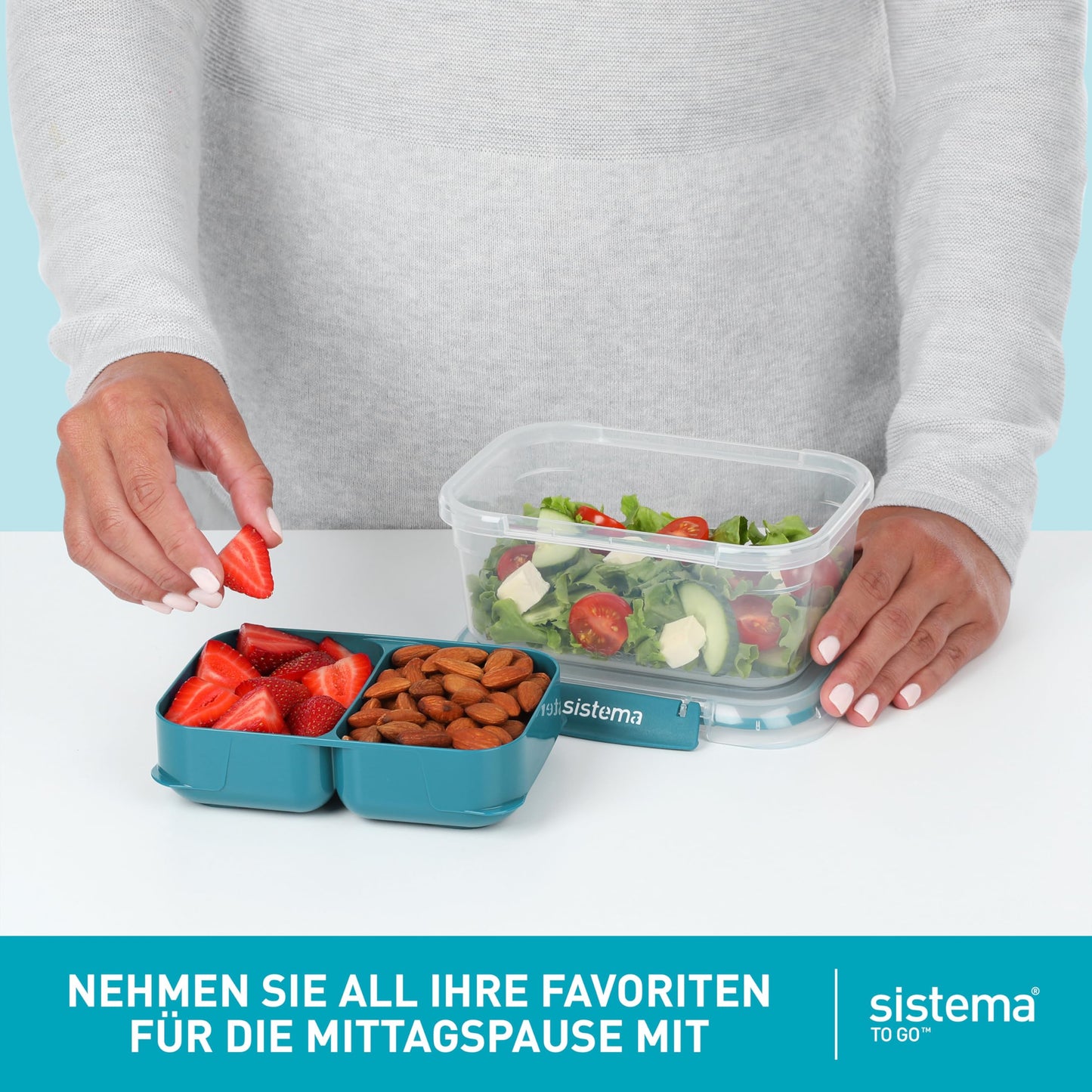 Sistema Bento-Box | 1,25 L | Brotdose für Pause mit Fächern und Snackbox | BPA-frei | hergestellt aus Ocean Bound Plastic | Teal Stone | 1 Stück, Mintgrün (Recycelter Kunststoff)
