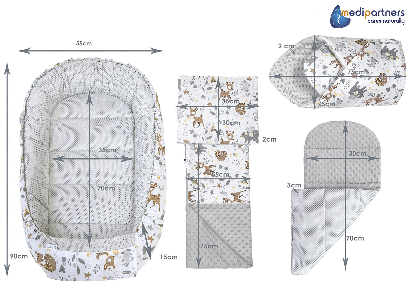 Medi Partners Babynest Nestchen Baby Set für Neugeborene - 100x60x15 Kuschelnest 5 teilig tragbar Nest zweiseitig Babynestchen Bett 100% Baumwolle (Lichtung mit grauem Minky)