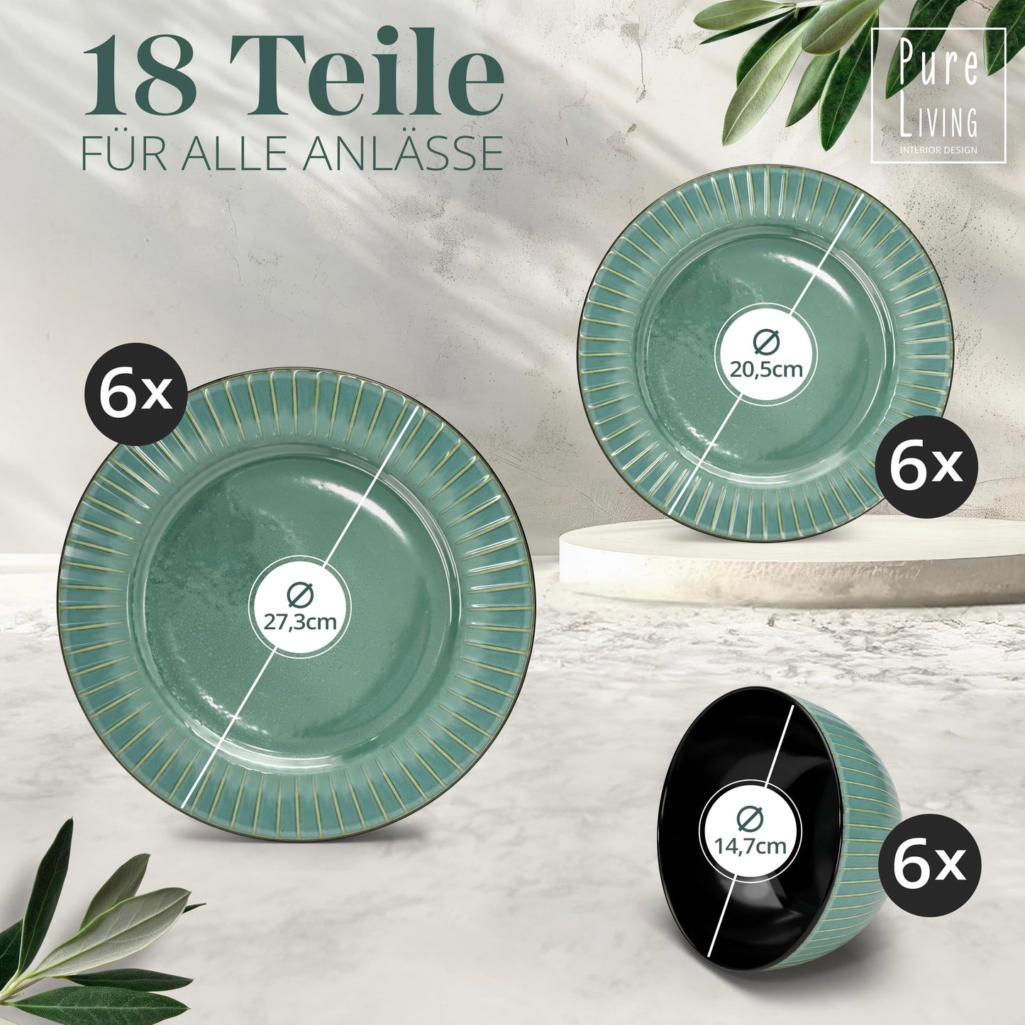 Steingut Frühstücksteller 6 Pers. Ibiza Hochwertiges Mediterranes TEST SEHR GUT Dessertteller Set - Kuchenteller spülmaschinen- und kratzfest - Kleine Teller, Salatteller Pure Living in Petrol