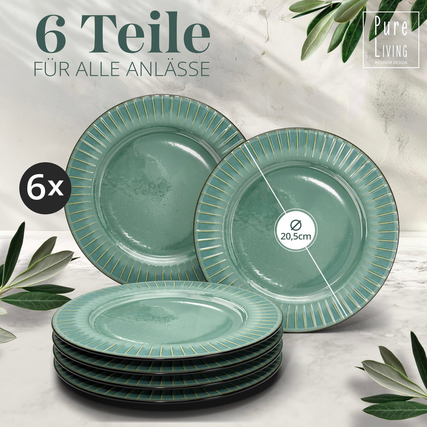 Steingut Frühstücksteller 6 Pers. Ibiza Hochwertiges Mediterranes TEST SEHR GUT Dessertteller Set - Kuchenteller spülmaschinen- und kratzfest - Kleine Teller, Salatteller Pure Living in Petrol