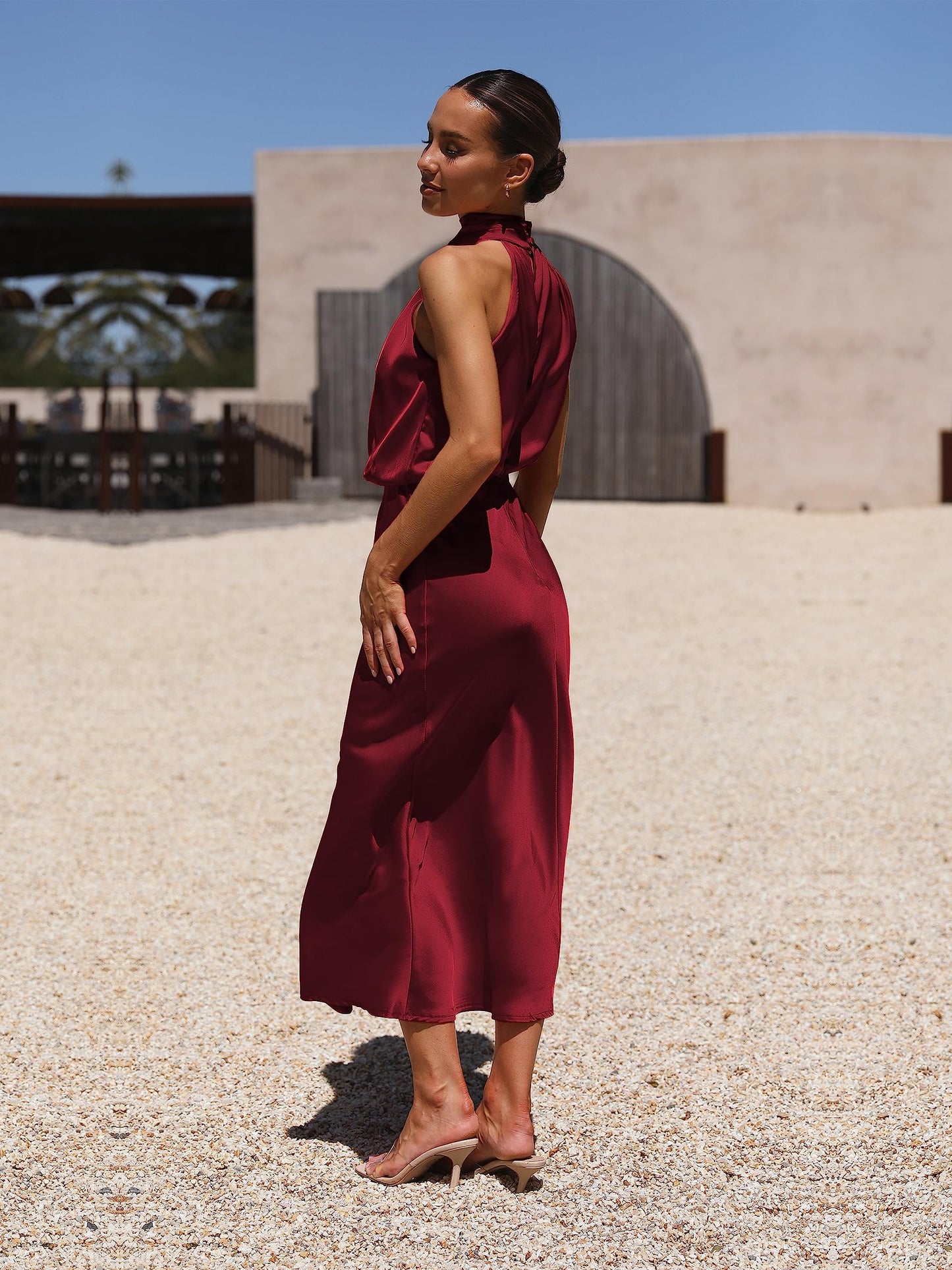 Odizli Damen Elegant Ärmellos Neckholder Satin Sommer Hochzeit Lang Abendkleider