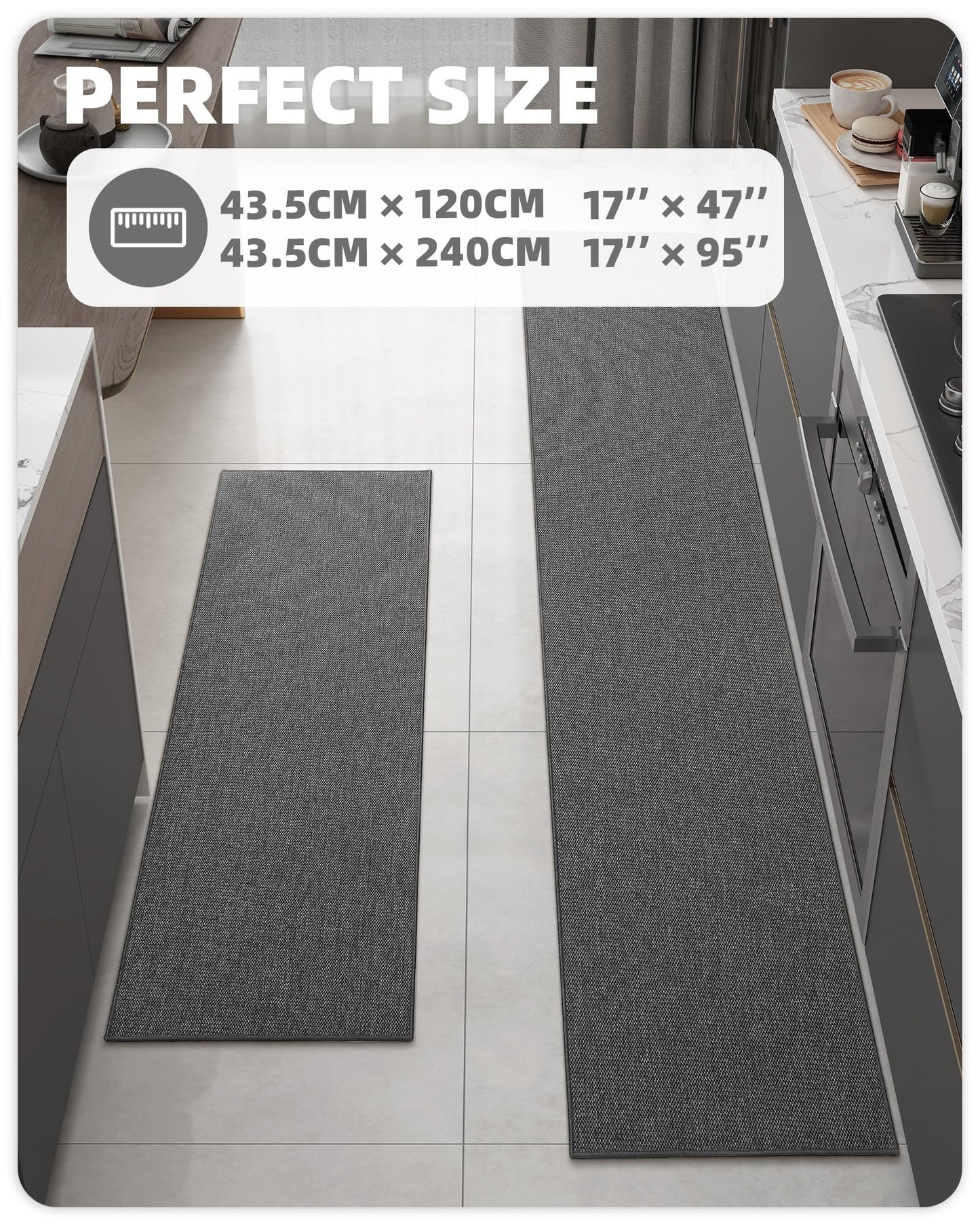 Color G 2 Stück Küchenläufer, Küchenteppich Waschbar rutschfest, Teppich Läufer Küche, Teppich Küche Leicht Zu Reinigen, Saugfähig, Küchenmatte für Küche, Esszimmer, Waschküche (Grau, 43x75+43x150cm)