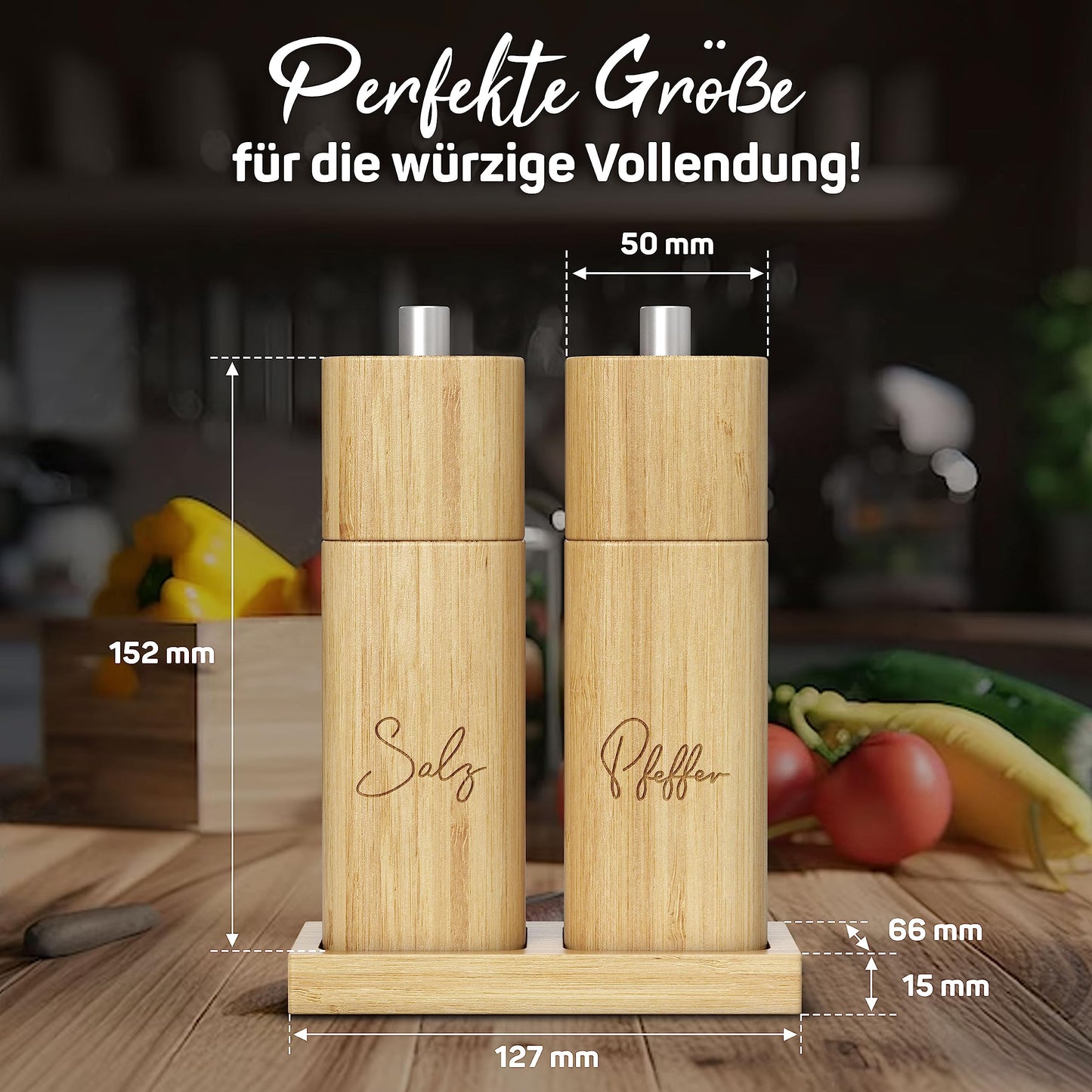 ELBFUCHS® Salz und Pfeffermühle Holz Groß [PERFEKTE GESCHENKIDEE] Liebevolles 2-er Set Pfeffer und Salzmühle mit Keramikmahlwerk | Ideal für Hölzerne Hochzeit Geschenk Einzug, Polterabend