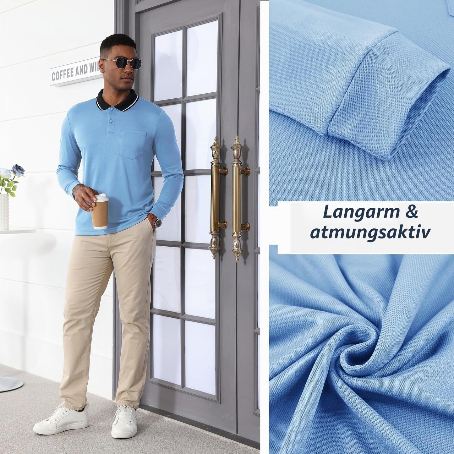 JACKETOWN 3er Pack Poloshirt Herren Langarm Atmungsaktiv Poloshirt Set Knopfkragen Arbeitshemd Golf Polohemd Frühling Herbst Arbeits T Shirt mit Tasche