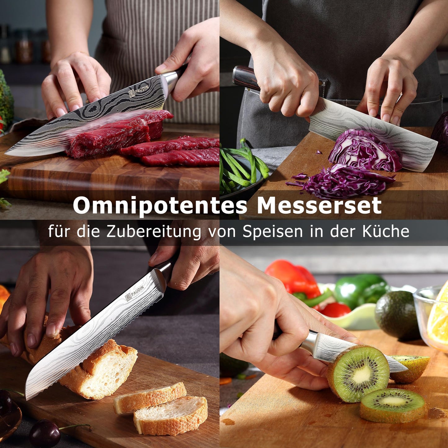 PAUDIN Messerblock, 14-teiliges Messer-Set für die Küche, scharf, hochwertiges deutsches Edelstahlmesser-Set mit Holzblock, Messerschäfer und Schere